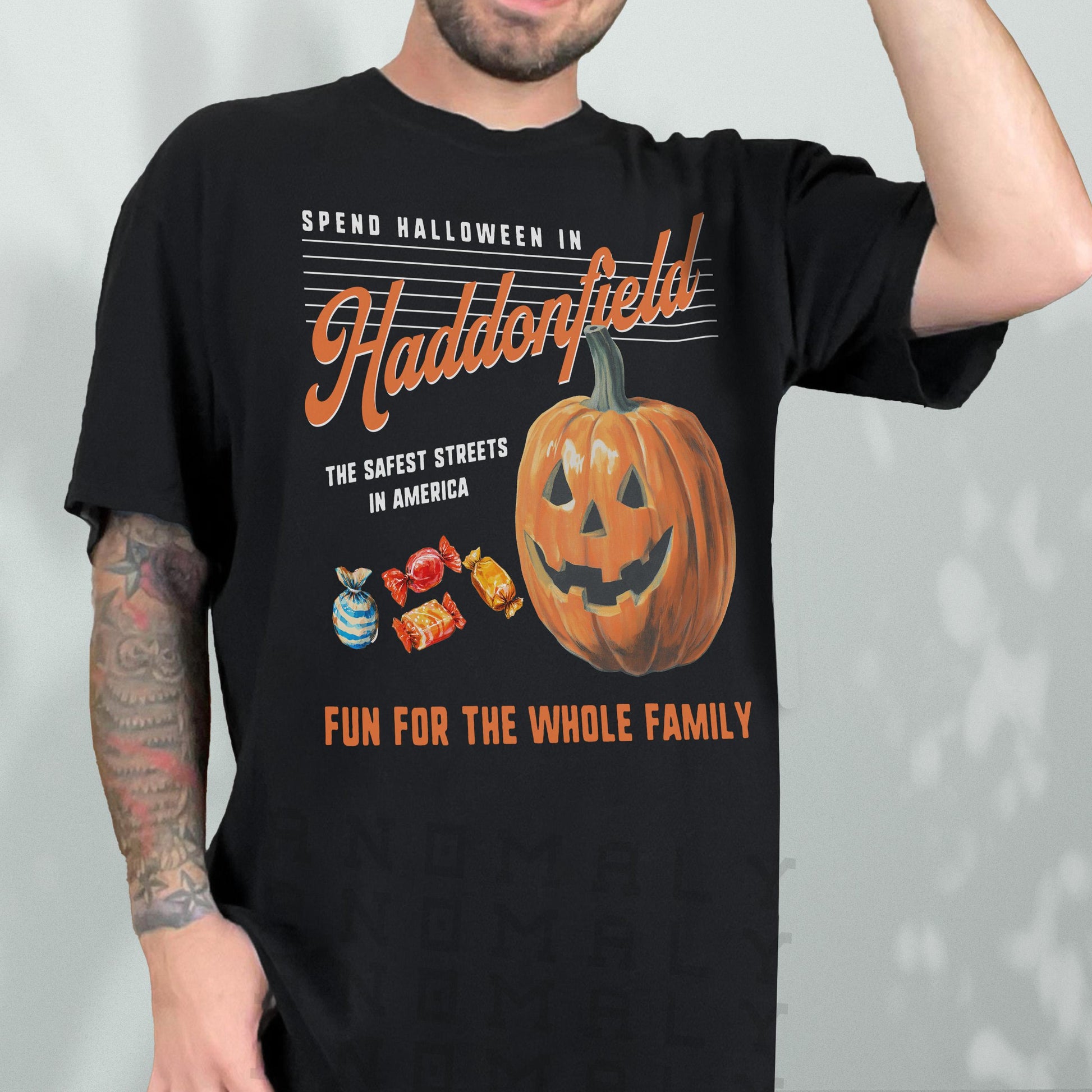 Retro Halloween in Haddonfield T-Shirt – Black & Orange Horror Movie Graphic Tee