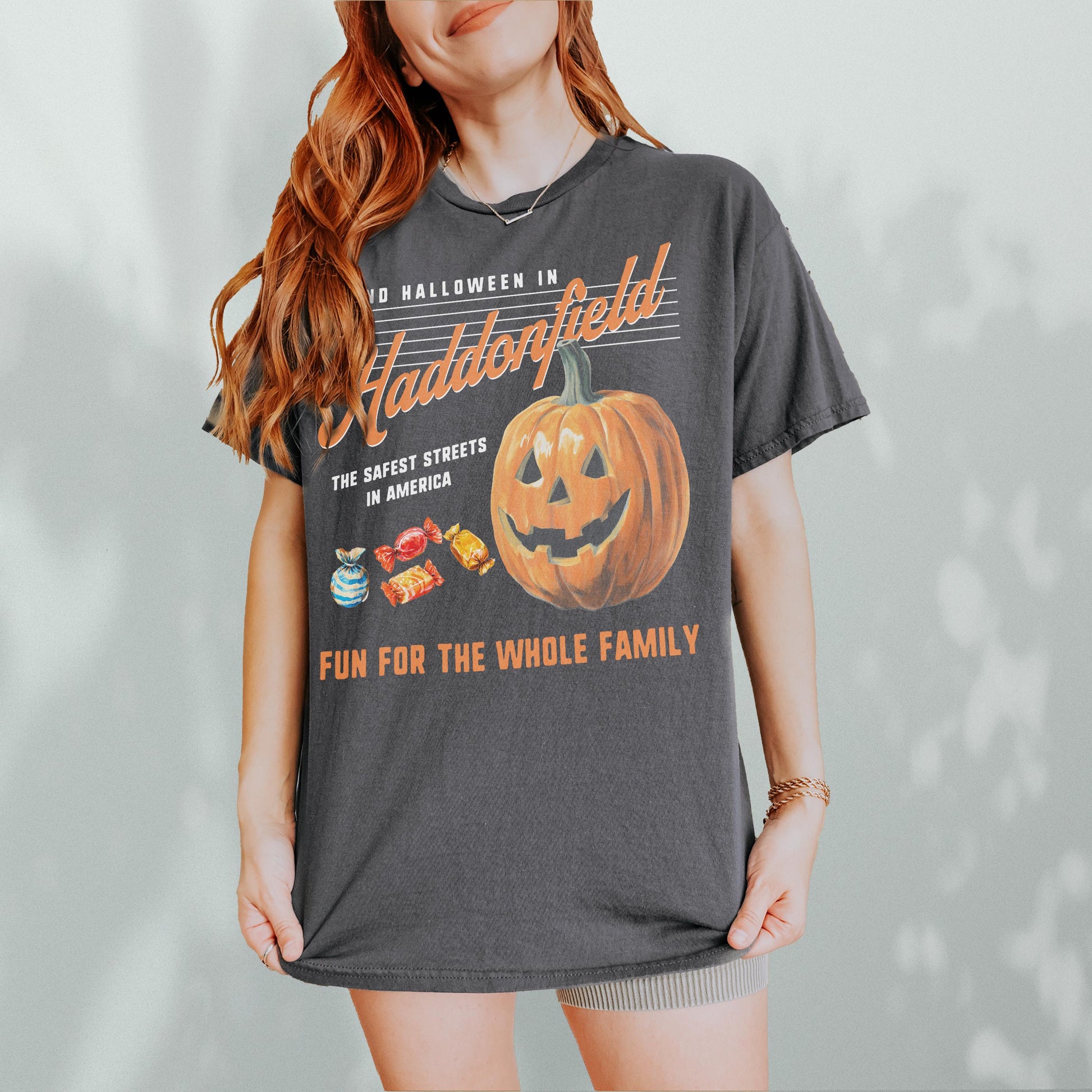 Retro Halloween in Haddonfield T-Shirt – Black & Orange Horror Movie Graphic Tee
