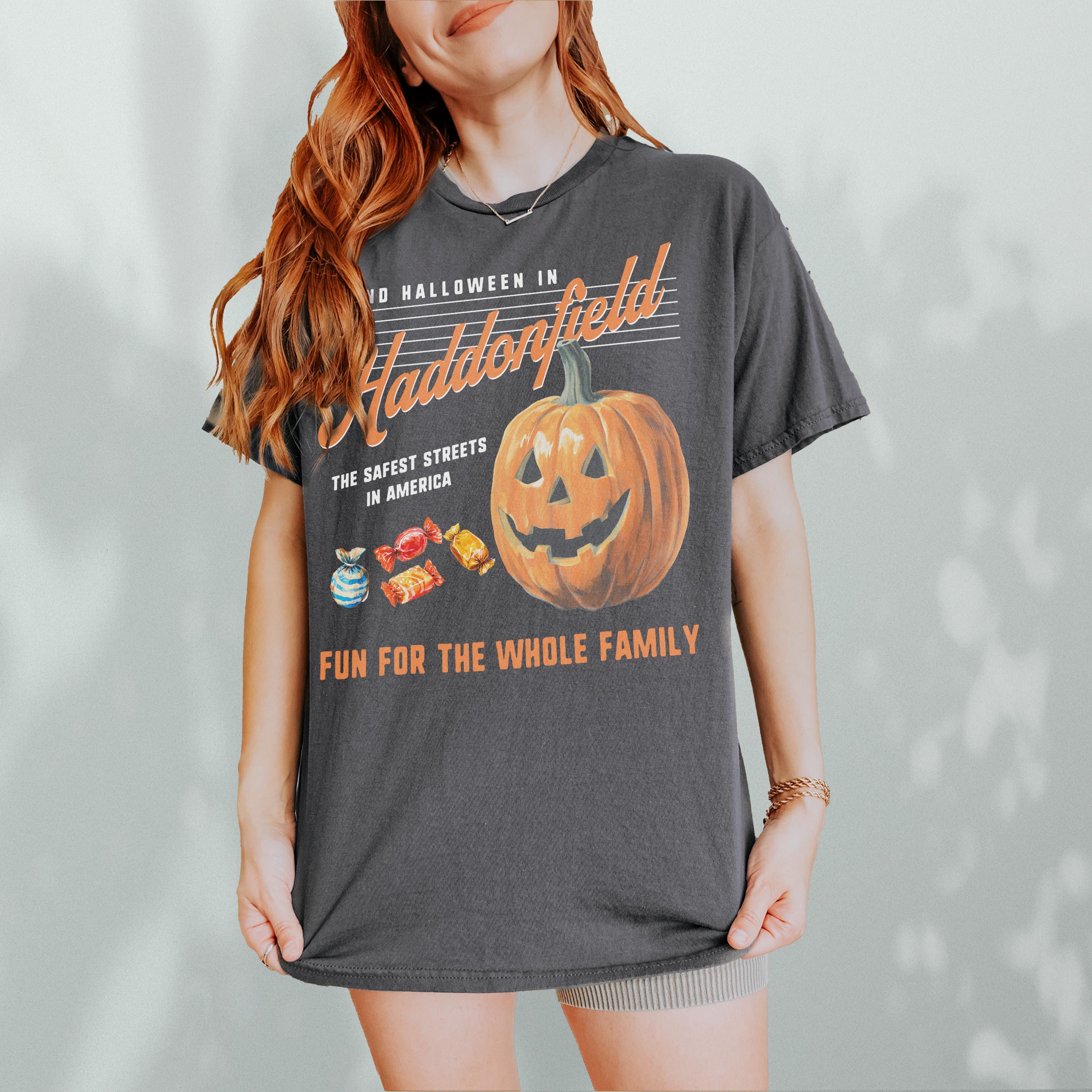 Retro Halloween in Haddonfield T-Shirt – Black & Orange Horror Movie Graphic Tee