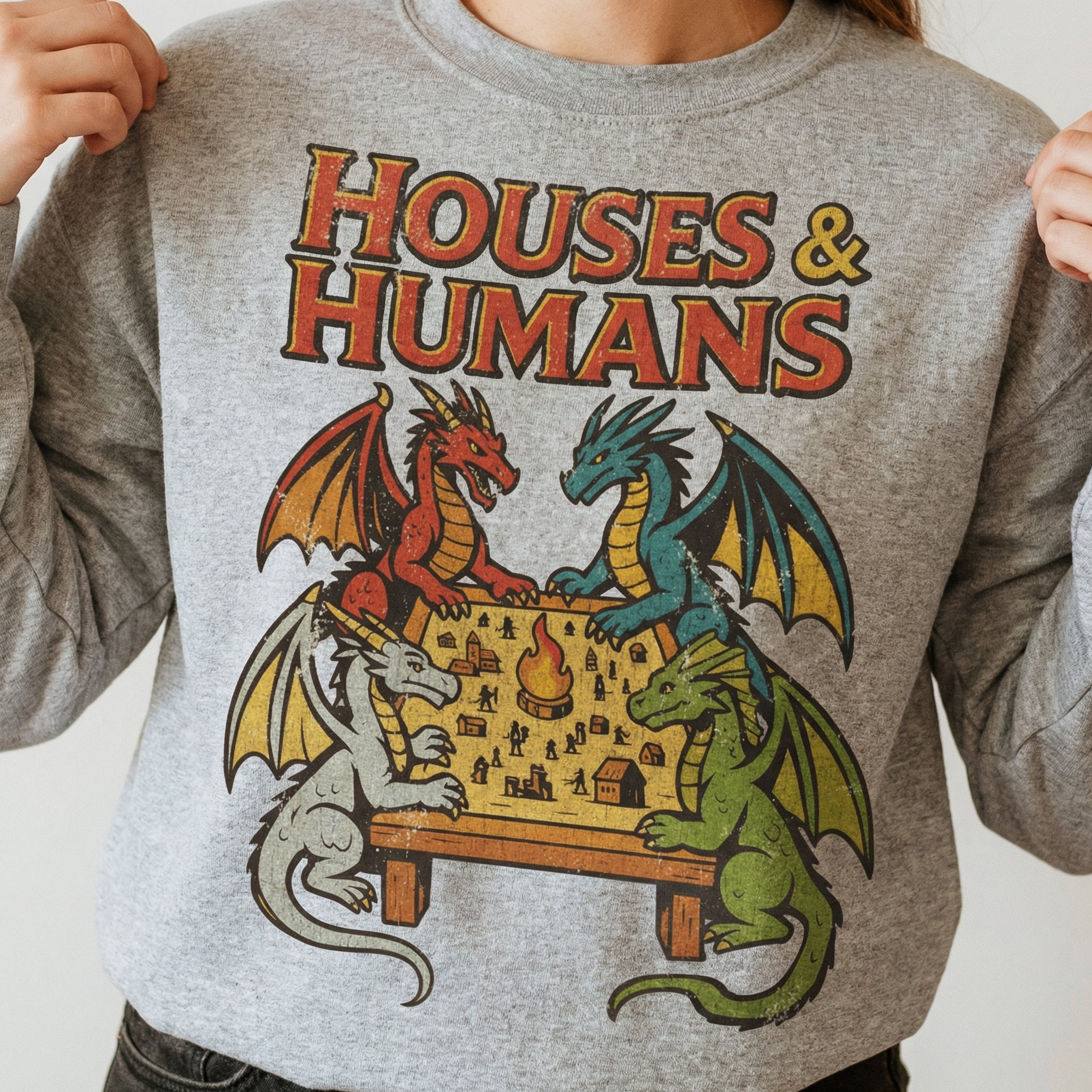 Retro Houses & Humans Funny RPG Sweatshirt – Vintage Tabletop Gamer Crewneck
