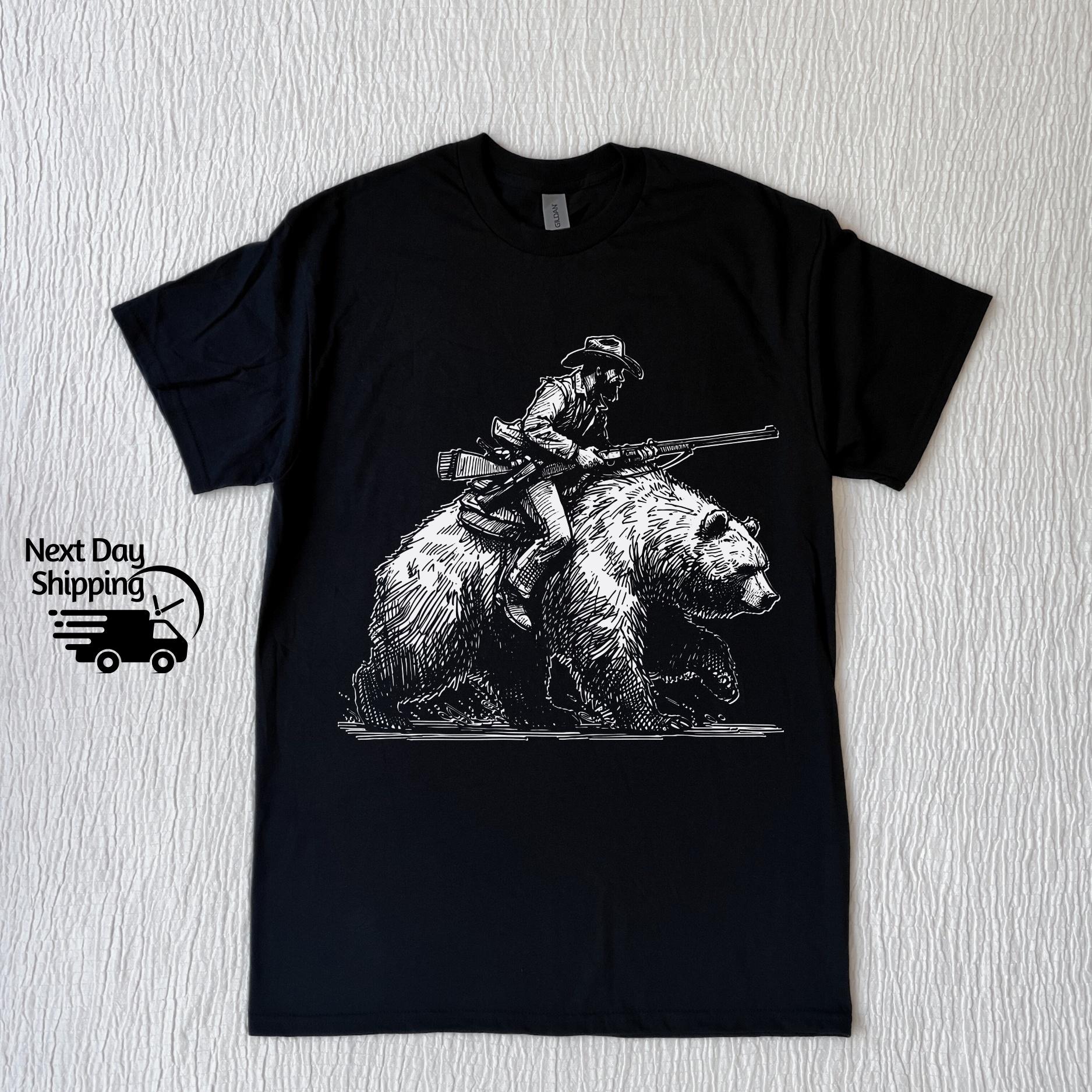 Retro Cowboy Riding Bear Graphic T-Shirt - Vintage 90s Style Tee