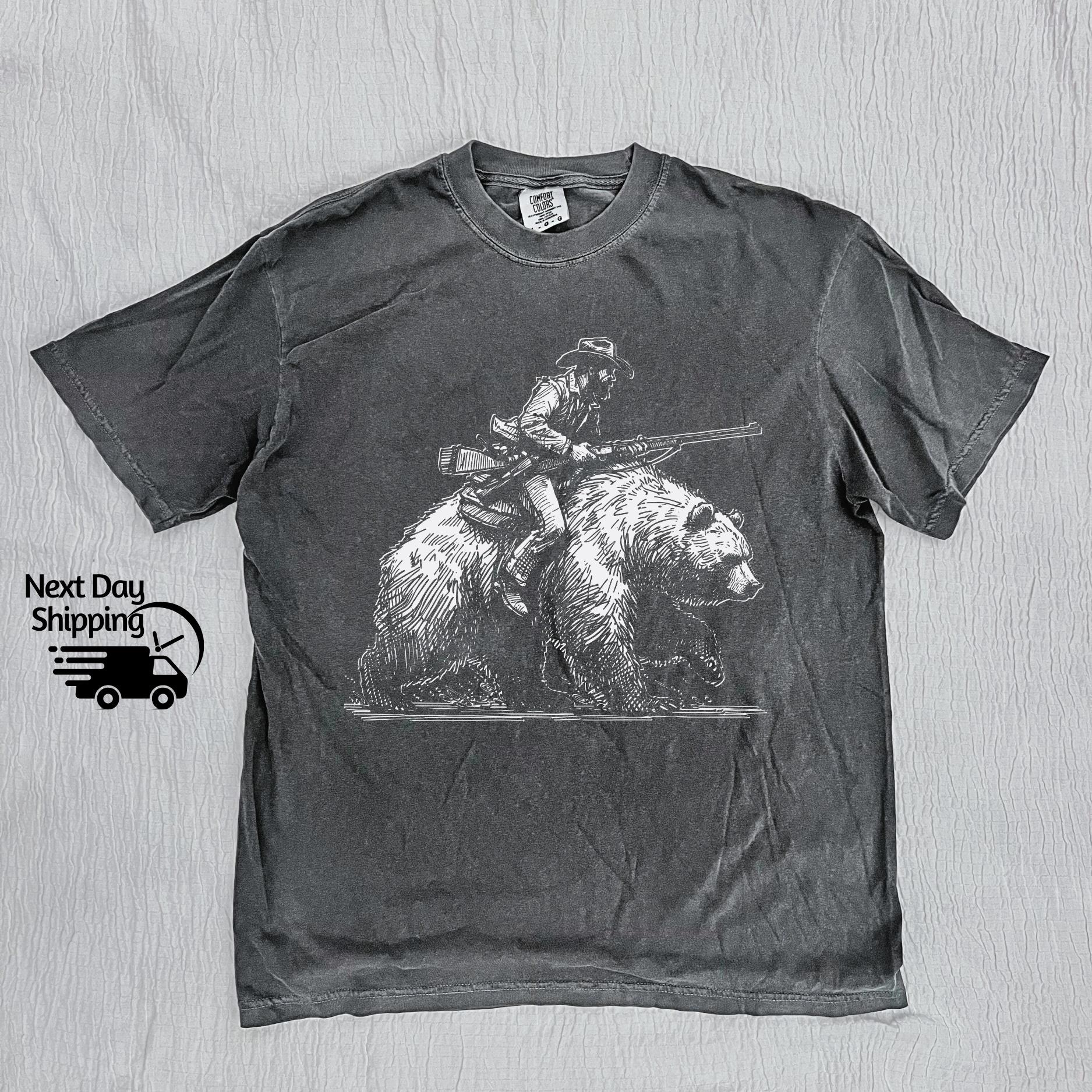 Retro Cowboy Riding Bear Graphic T-Shirt - Vintage 90s Style Tee