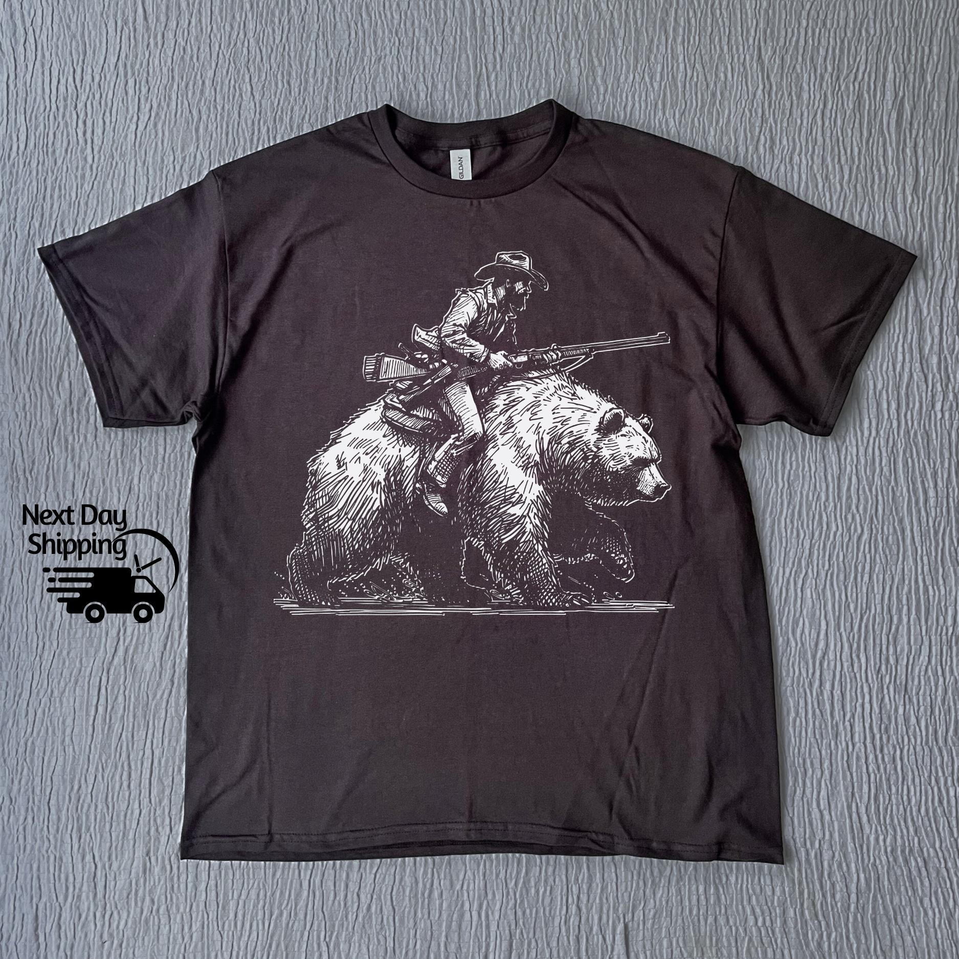 Retro Cowboy Riding Bear Graphic T-Shirt - Vintage 90s Style Tee