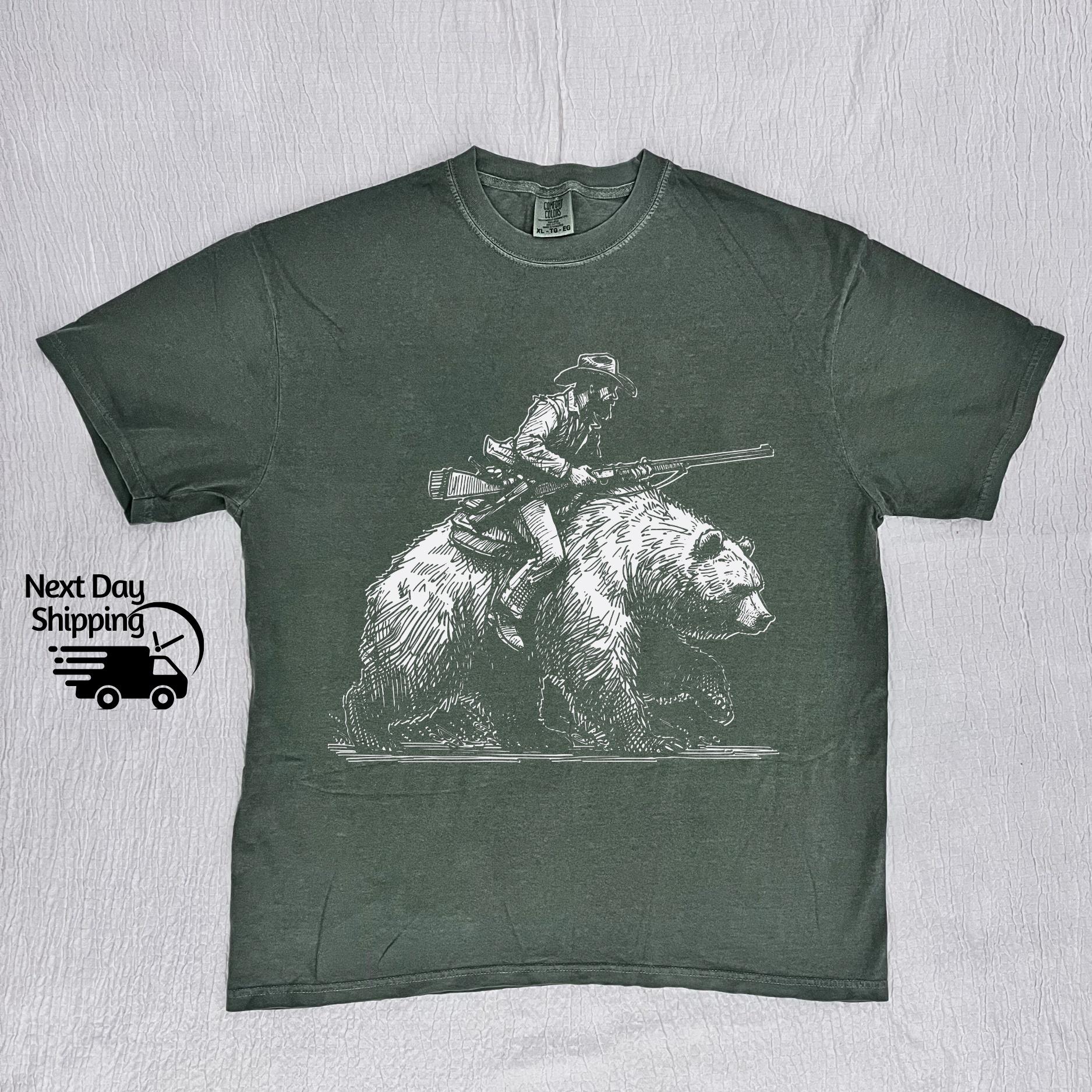 Retro Cowboy Riding Bear Graphic T-Shirt - Vintage 90s Style Tee