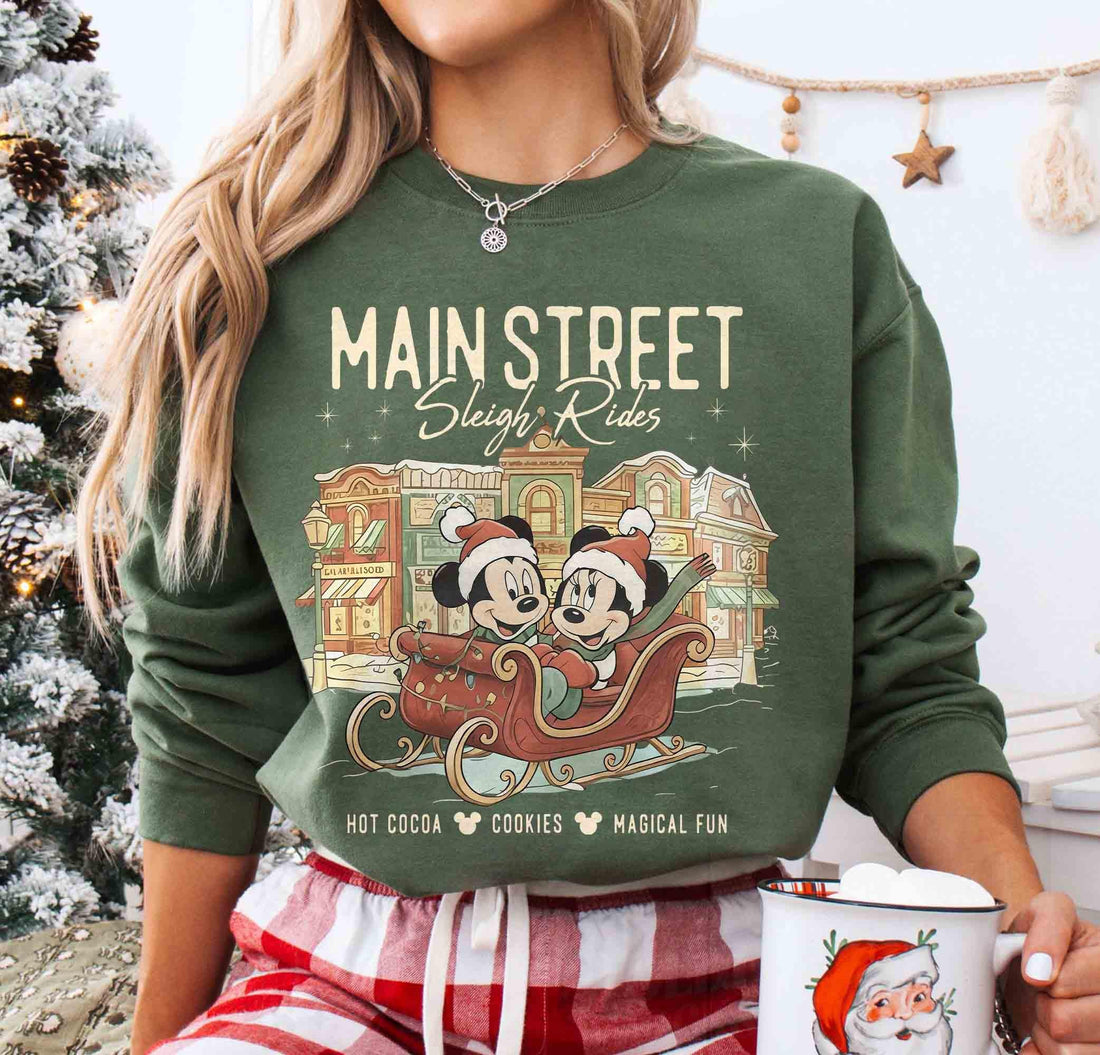 Retro Main Street Sleigh Rides T-Shirt – Vintage Holiday Mouse Couples Christmas Graphic Tee
