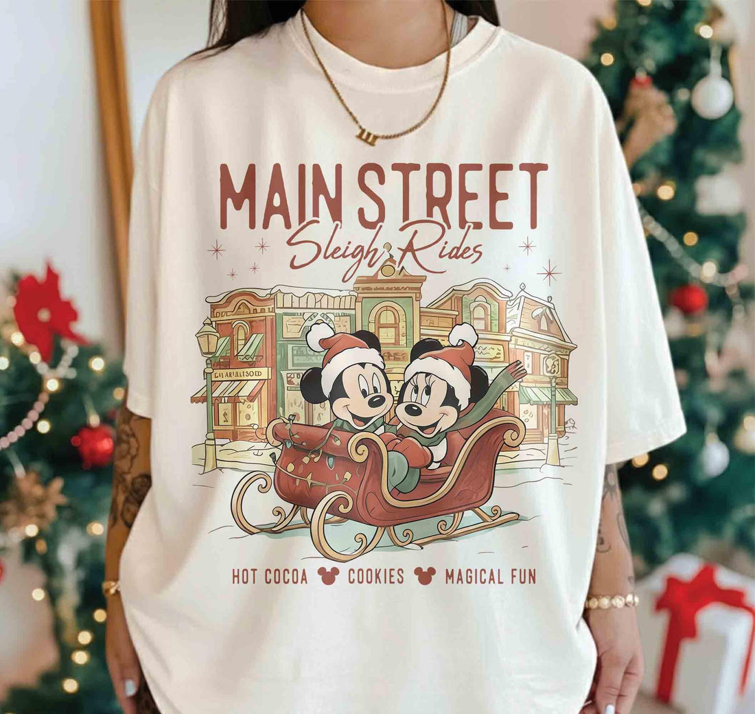 Retro Main Street Sleigh Rides T-Shirt – Vintage Holiday Mouse Couples Christmas Graphic Tee
