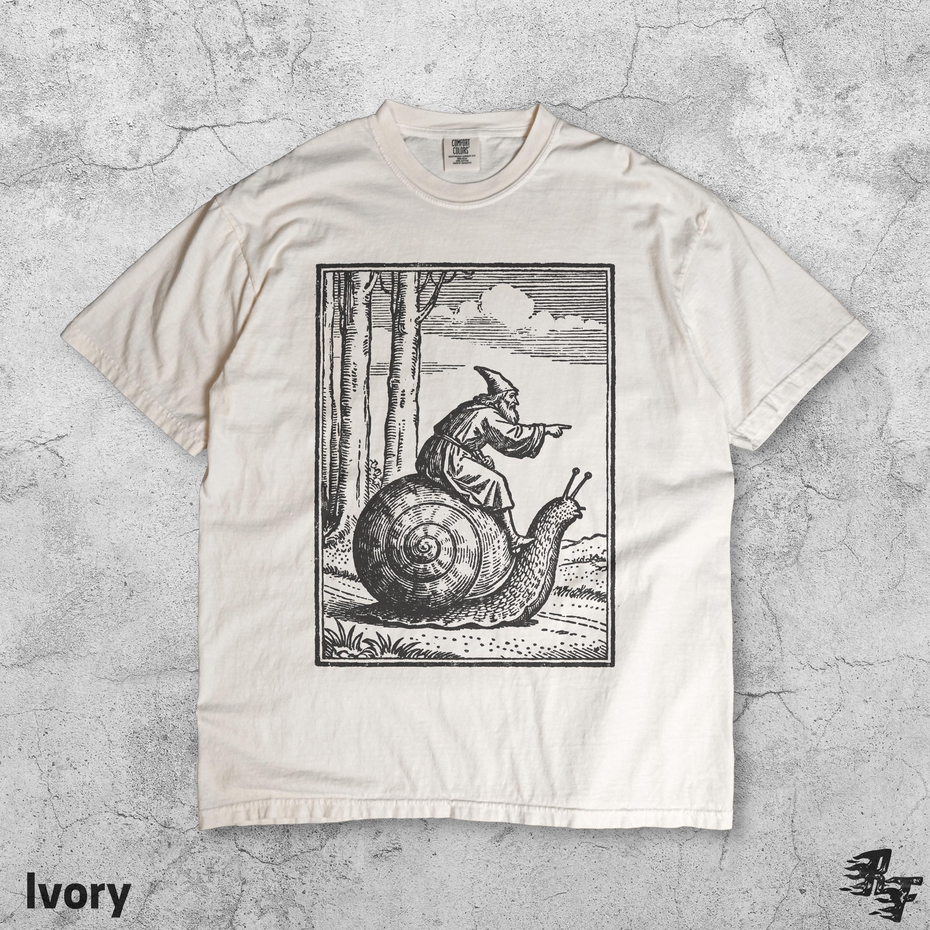 Retro Medieval Snail Rider Graphic T-Shirt - Vintage Fantasy Humor Tee