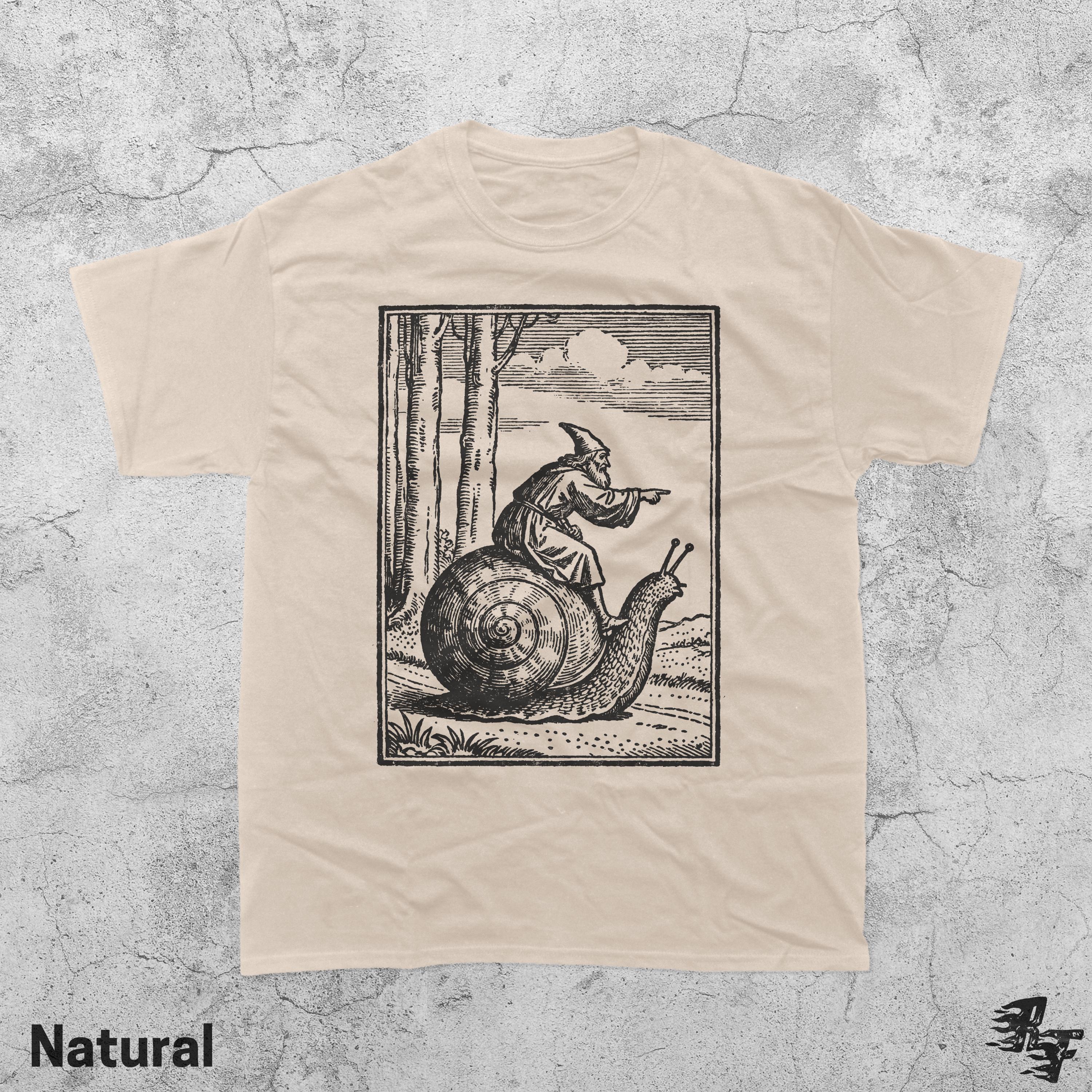Retro Medieval Snail Rider Graphic T-Shirt - Vintage Fantasy Humor Tee