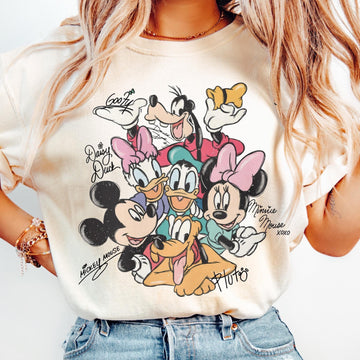 Retro Mouse Friends Signatures Tee – Magical Character Shirt – Mouse Head Graphic – Cute Fan Gift