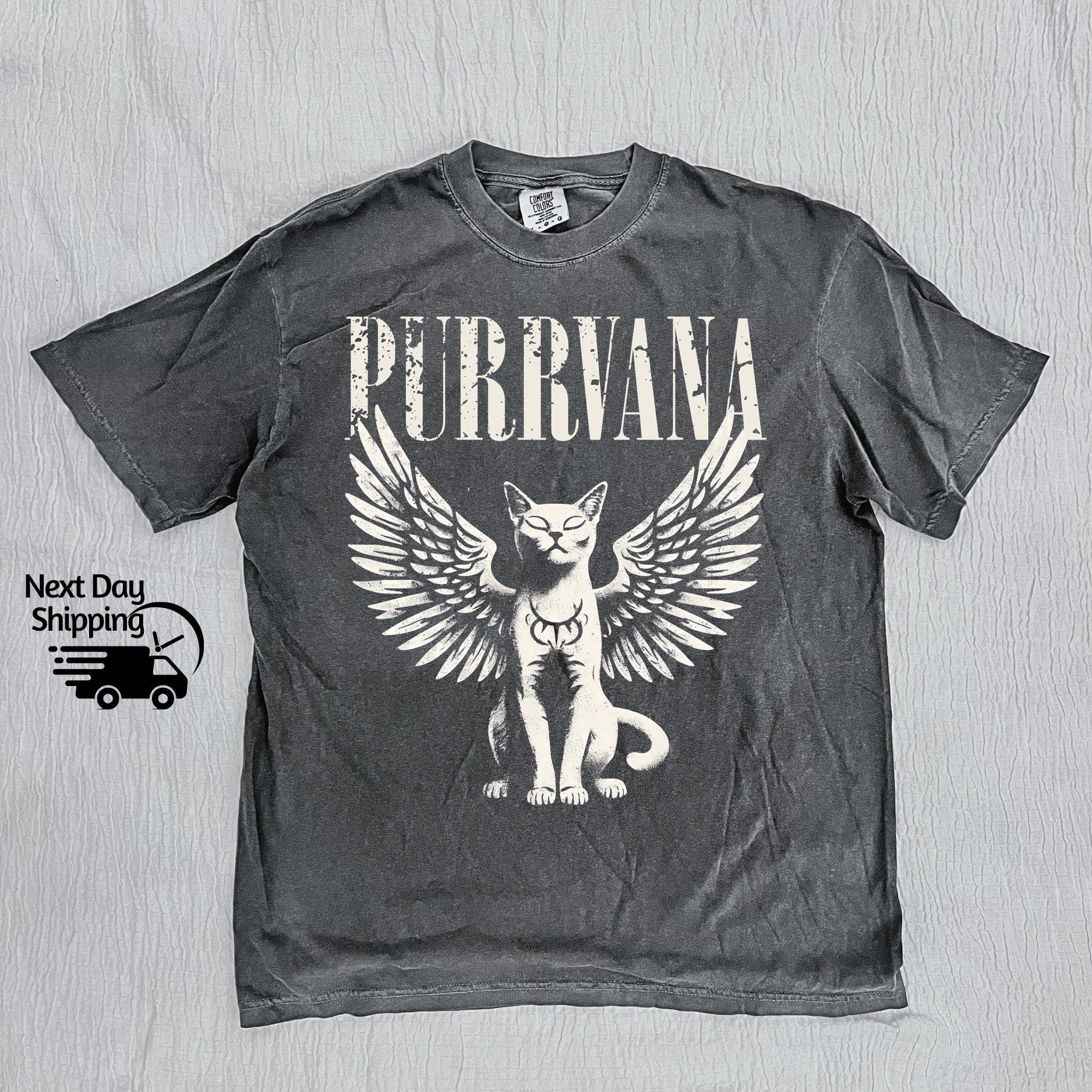 Retro Purrvana Angel Cat Graphic T-Shirt - Vintage Funny Cat Tee