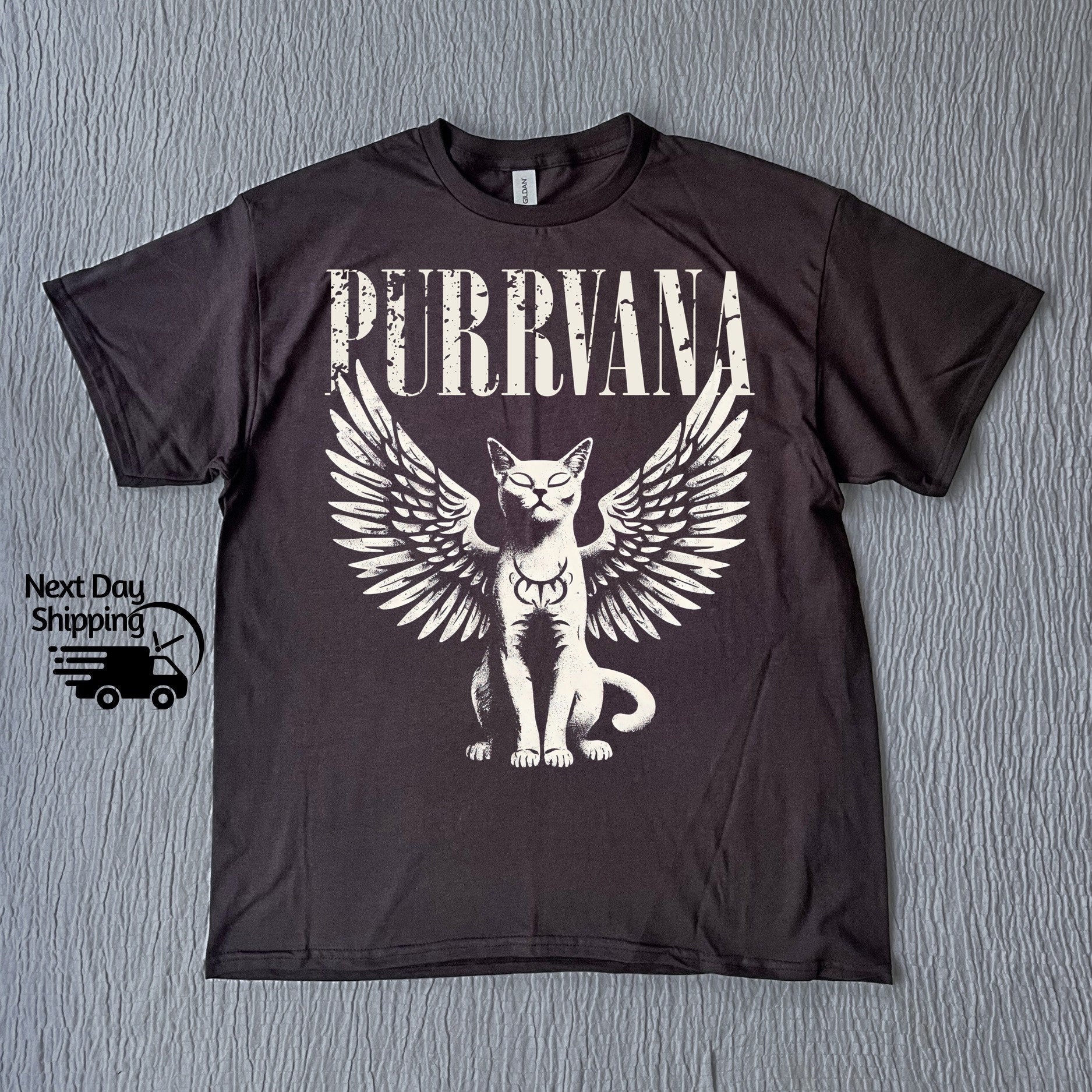 Retro Purrvana Angel Cat Graphic T-Shirt - Vintage Funny Cat Tee