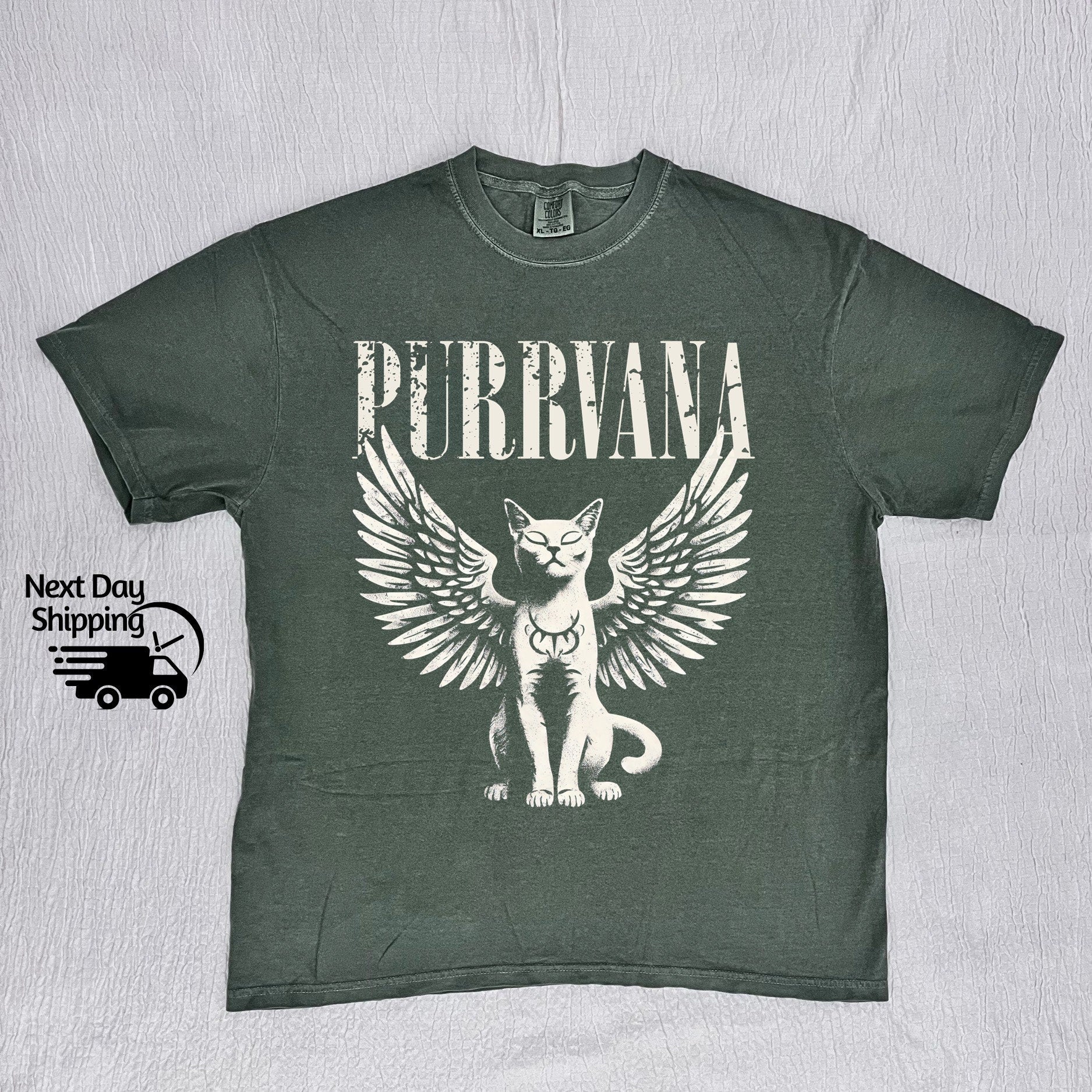 Retro Purrvana Angel Cat Graphic T-Shirt - Vintage Funny Cat Tee