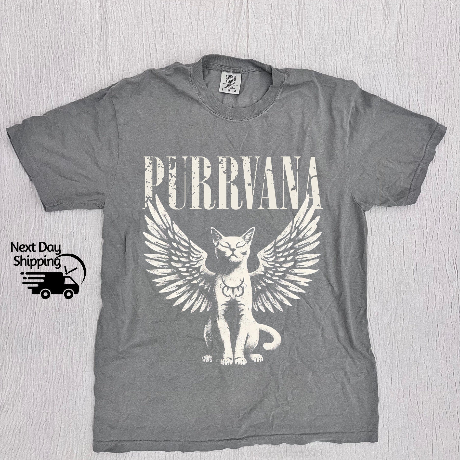 Retro Purrvana Angel Cat Graphic T-Shirt - Vintage Funny Cat Tee