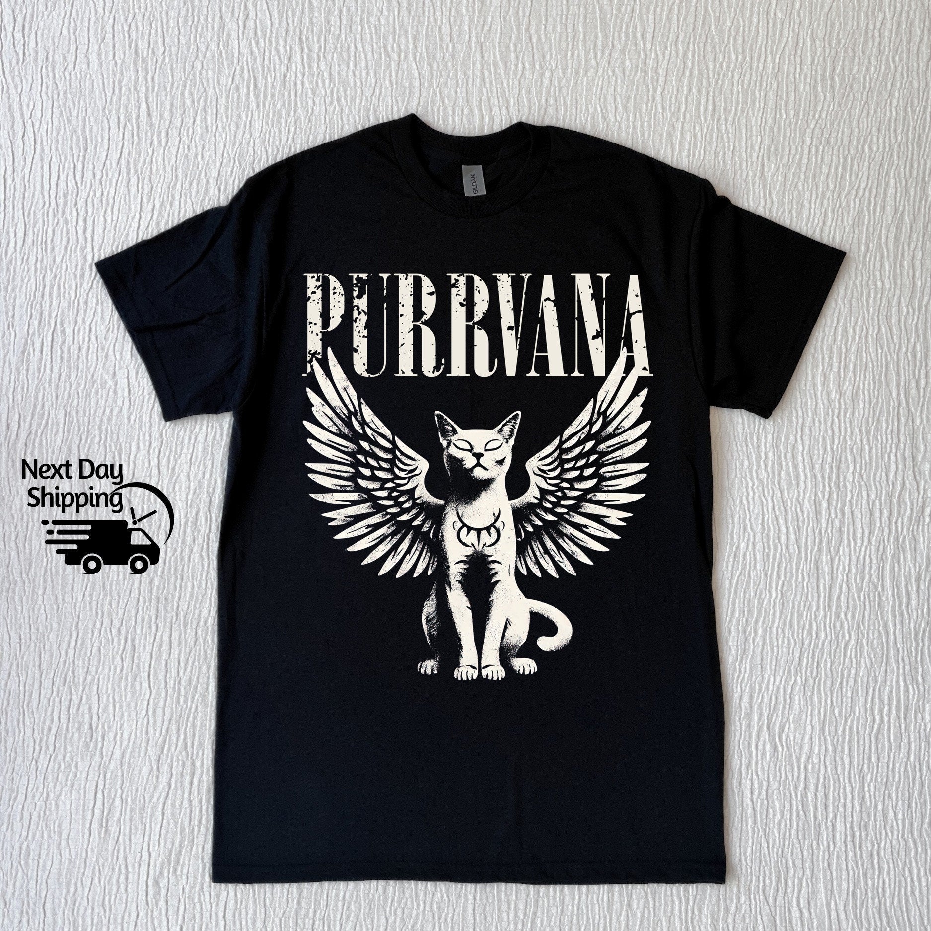 Retro Purrvana Angel Cat Graphic T-Shirt - Vintage Funny Cat Tee