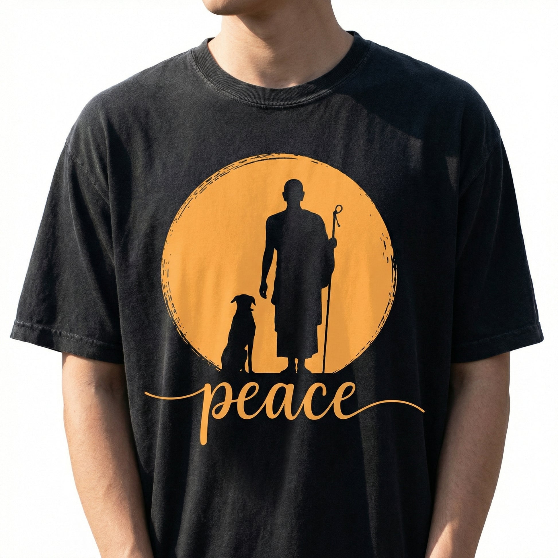 Retro Walk for Peace Monk and Dog Graphic T-Shirt – Minimalist Zen Art Tee
