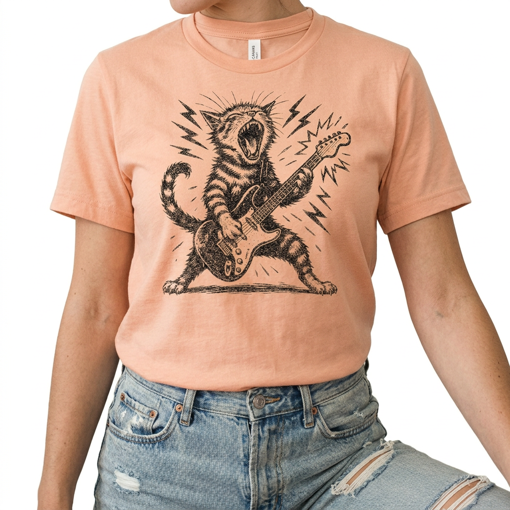 Rock and Roll Cat Shirt – Electric Guitar Kitty Vintage Graphic Tee