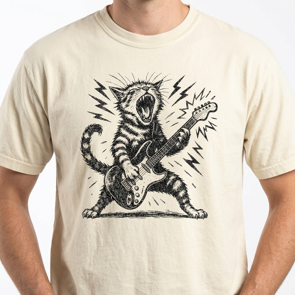 Rock and Roll Cat Shirt – Electric Guitar Kitty Vintage Graphic Tee