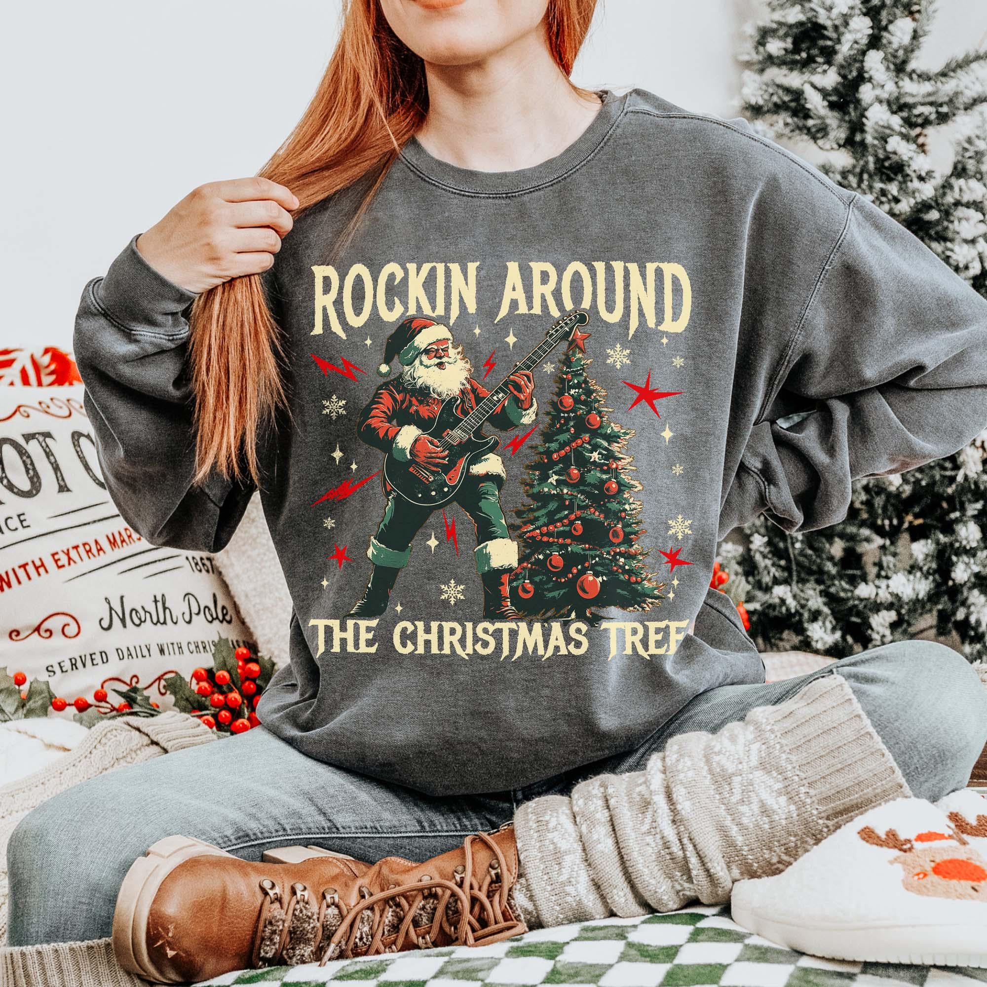 Rockin Around the Christmas Tree Sweatshirt – Retro Santa Rock Music Shirt – Electric Guitar Biker Christmas Sweater