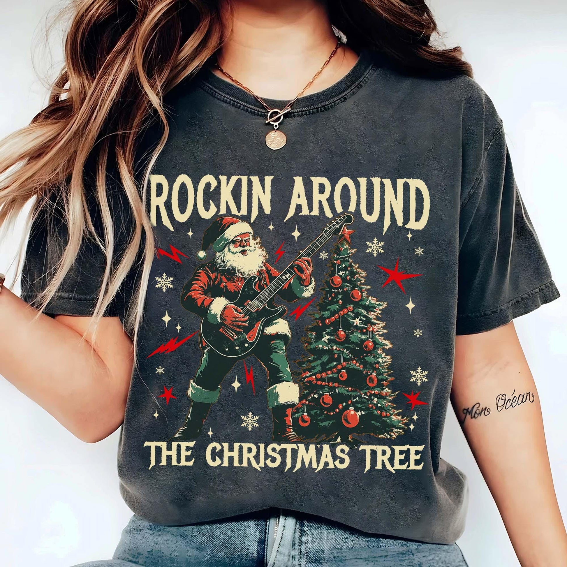 Rockin Around the Christmas Tree Sweatshirt – Retro Santa Rock Music Shirt – Electric Guitar Biker Christmas Sweater