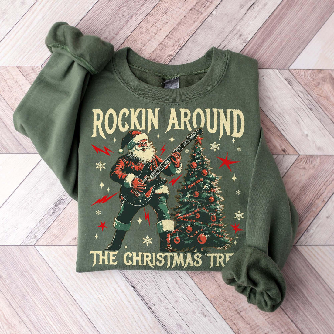 Rockin Around the Christmas Tree Sweatshirt – Retro Santa Rock Music Shirt – Electric Guitar Biker Christmas Sweater