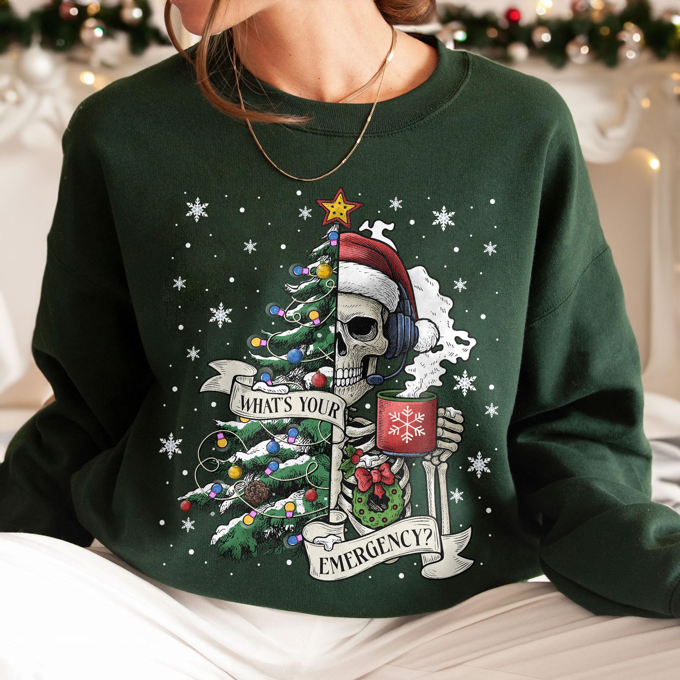Sarcastic Christmas Skeleton Sweatshirt – Holiday Nurse Skeleton Crewneck, 911 Dispatcher Gift