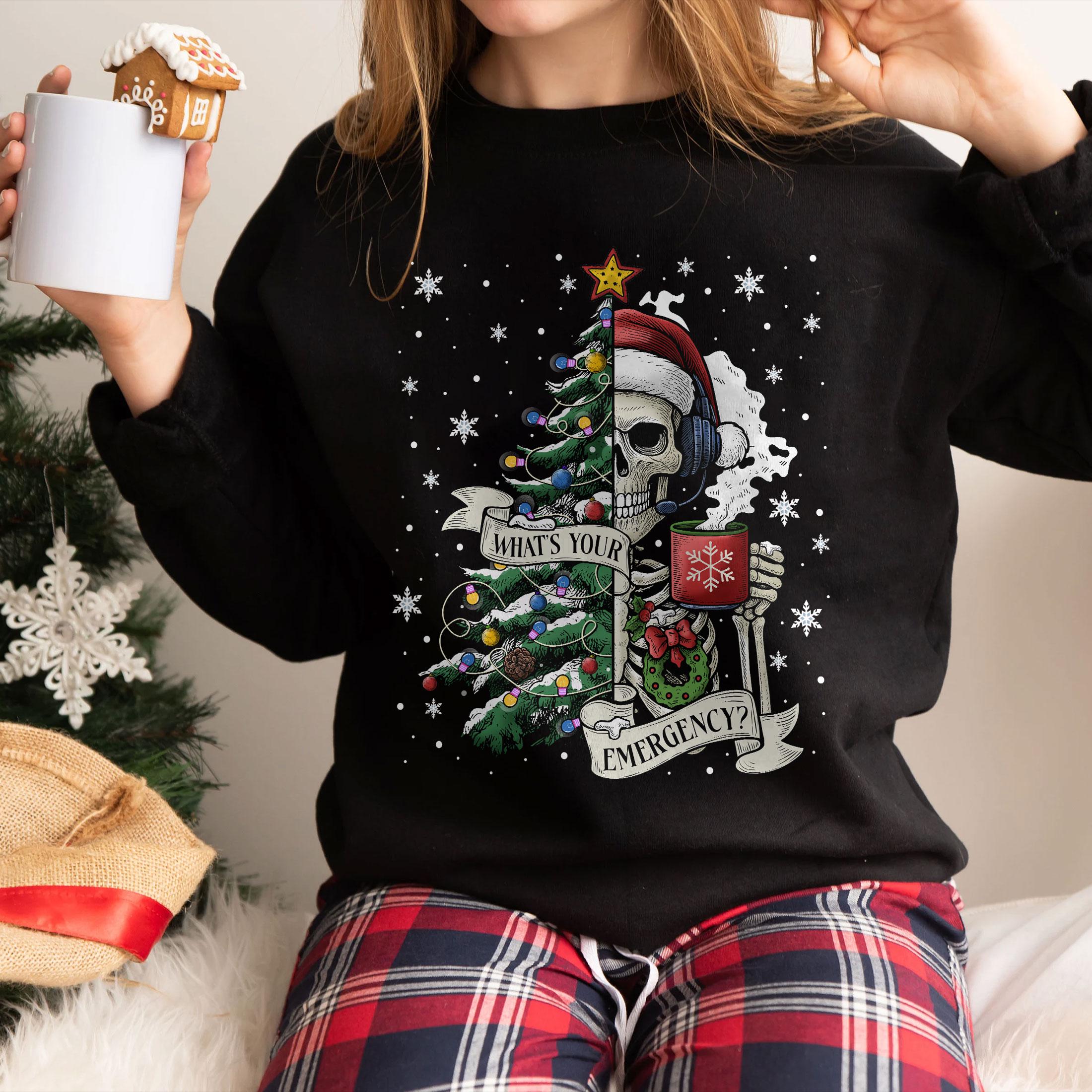 Sarcastic Christmas Skeleton Sweatshirt – Holiday Nurse Skeleton Crewneck, 911 Dispatcher Gift
