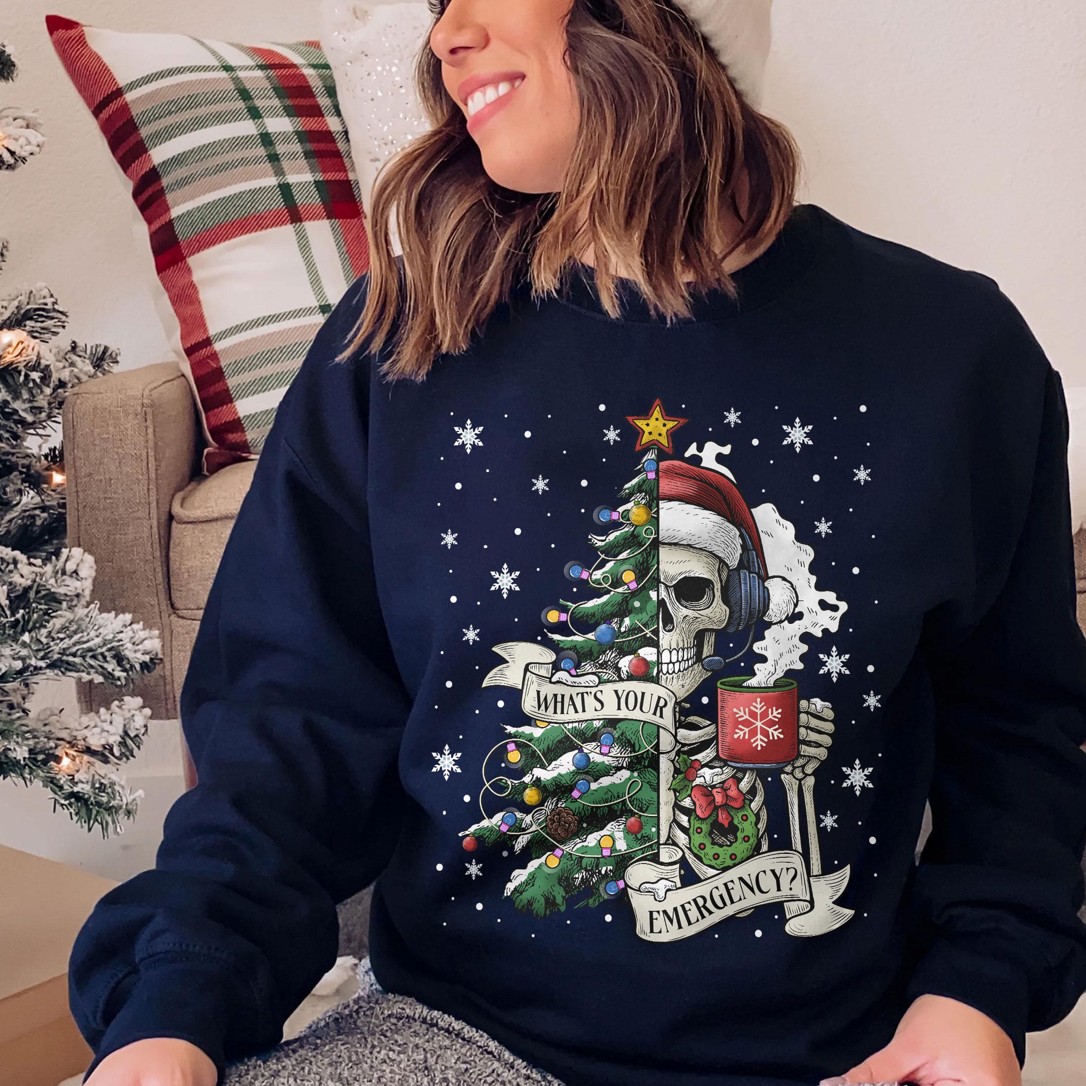 Sarcastic Christmas Skeleton Sweatshirt – Holiday Nurse Skeleton Crewneck, 911 Dispatcher Gift