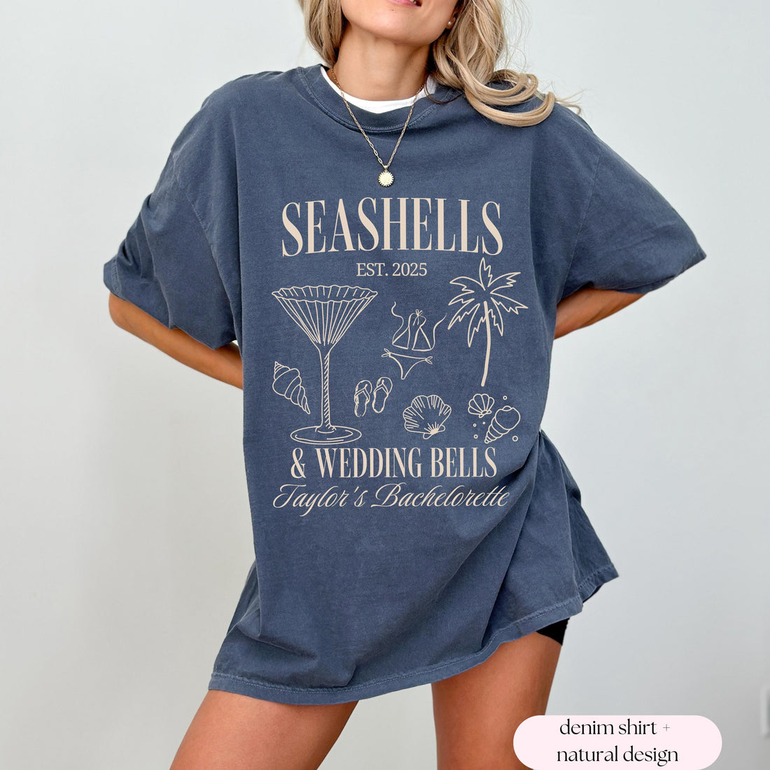 Seashells and Wedding Bells Bachelorette Graphic T-Shirt - Custom Location Beach Tee