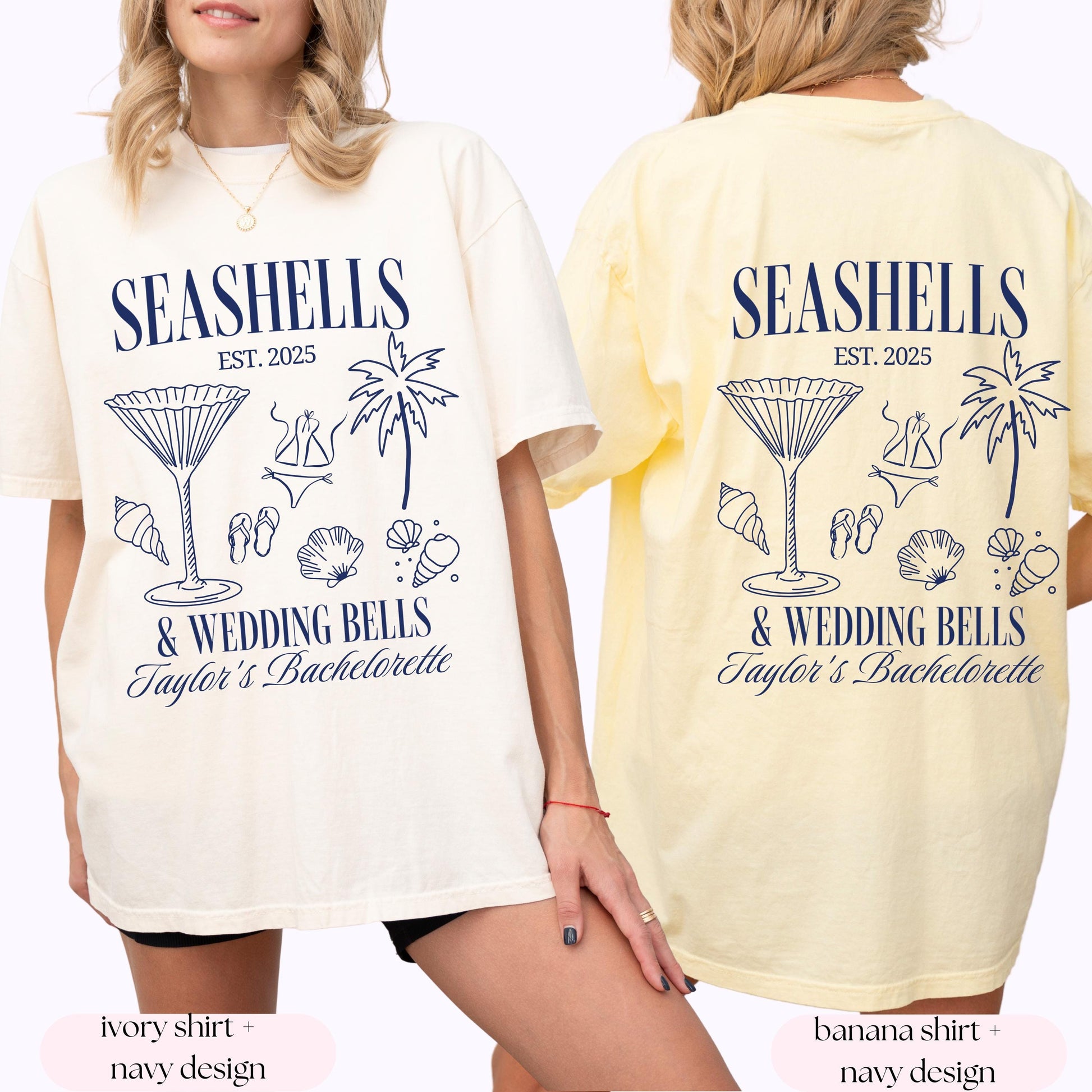 Seashells and Wedding Bells Bachelorette Graphic T-Shirt - Custom Location Beach Tee