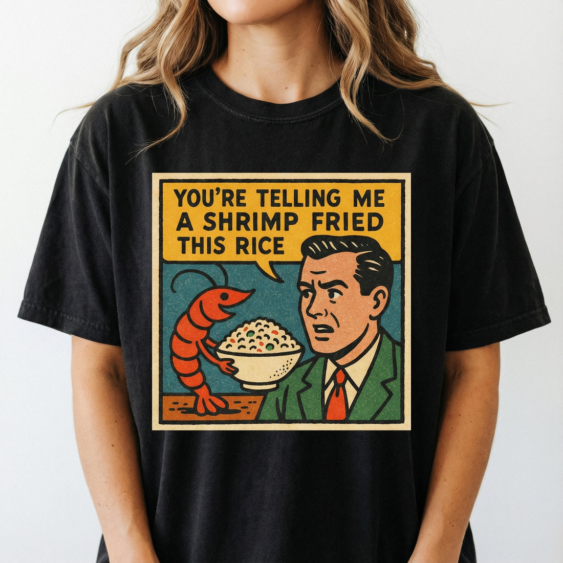 Shrimp Fried Rice Funny Meme Graphic T-Shirt - Retro Comic Style Tee