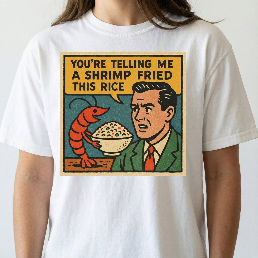 Shrimp Fried Rice Funny Meme Graphic T-Shirt - Retro Comic Style Tee