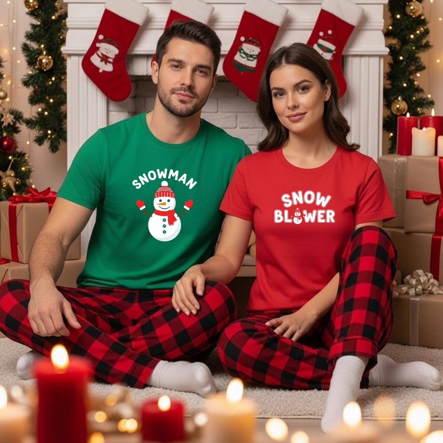 Snowman and Snow Blower Funny Matching T-Shirts For Couples