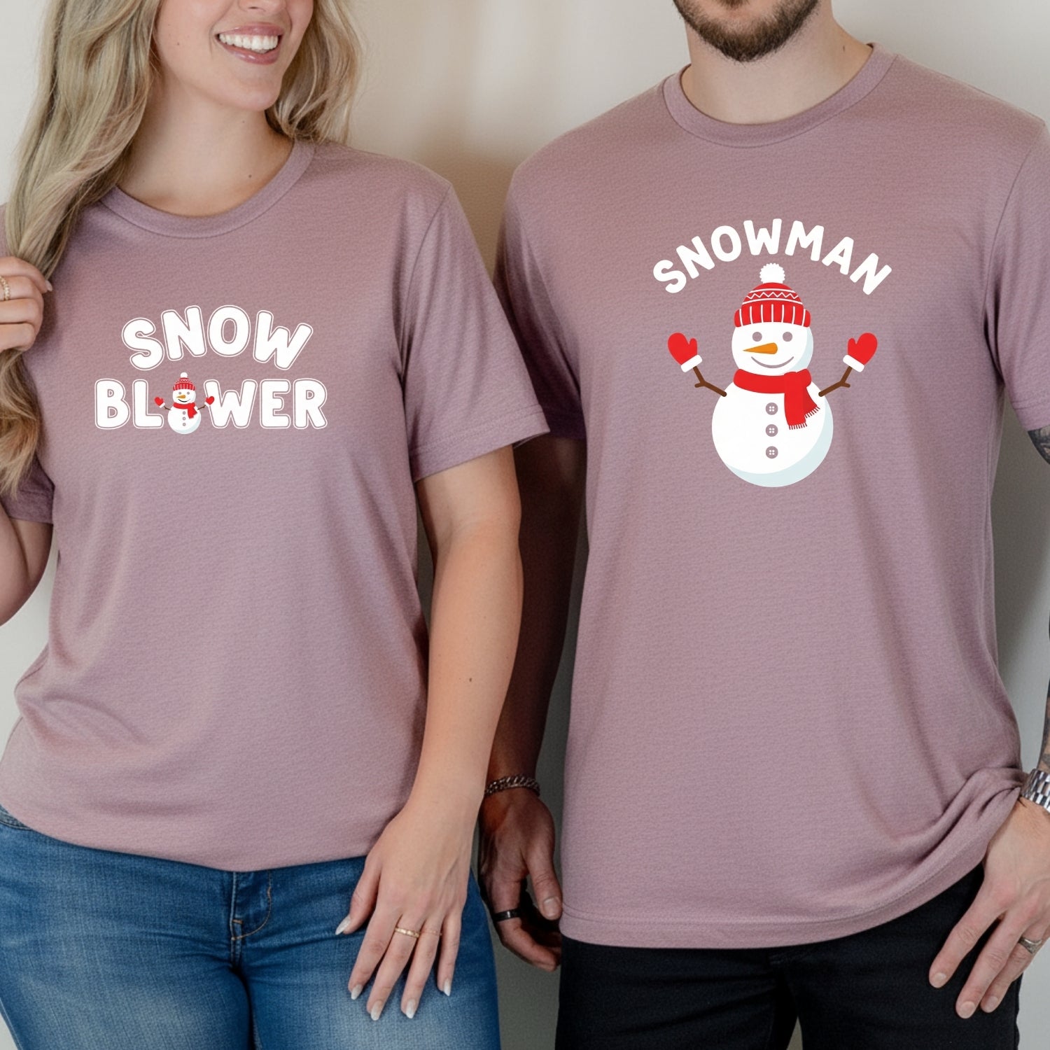 Snowman and Snow Blower Funny Matching T-Shirts For Couples