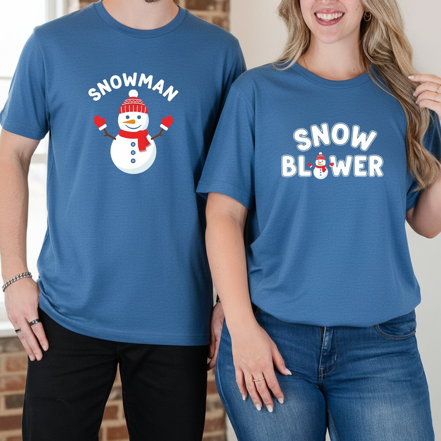 Snowman and Snow Blower Funny Matching T-Shirts For Couples