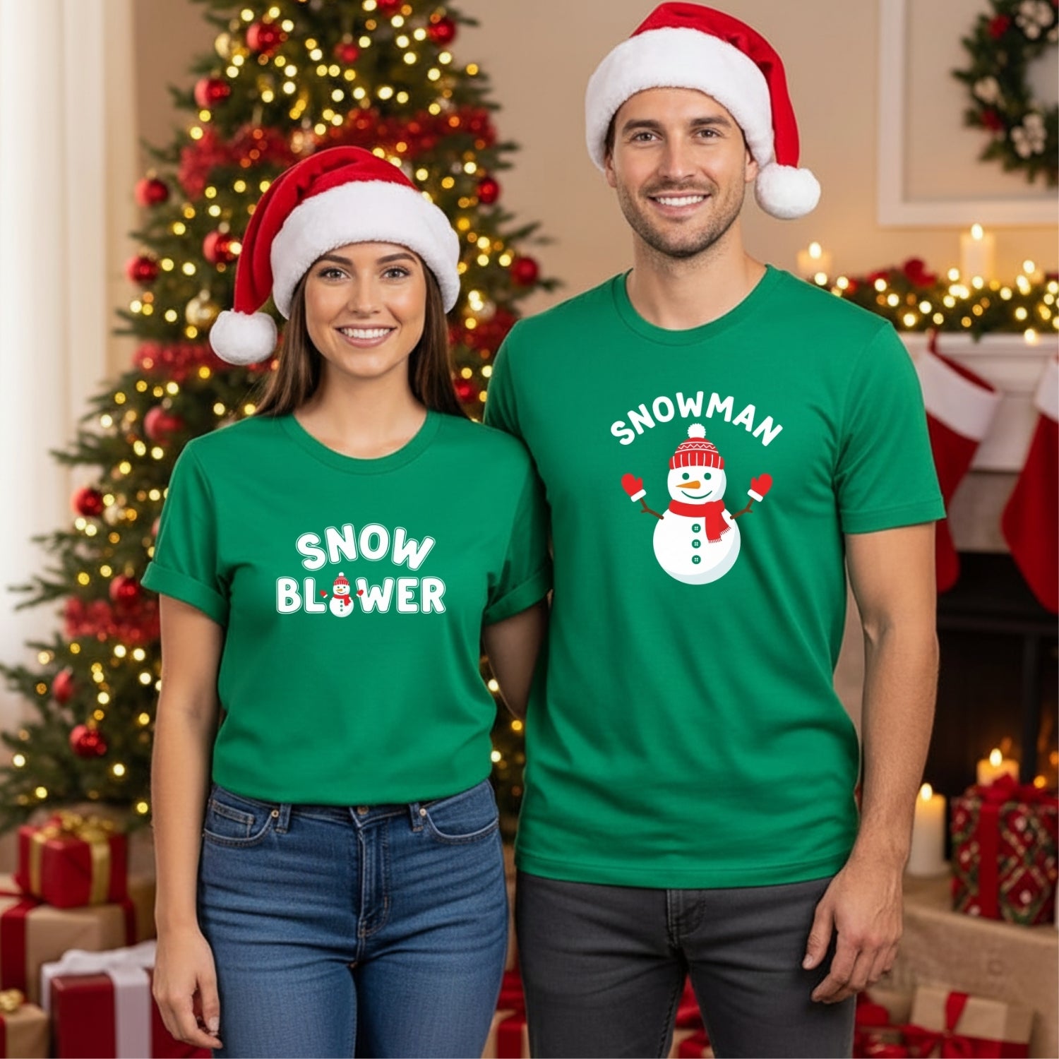 Snowman and Snow Blower Funny Matching T-Shirts For Couples