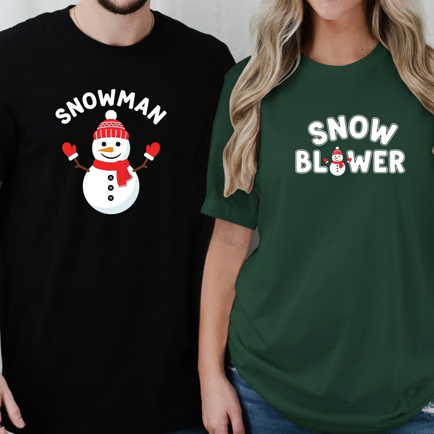 Snowman and Snow Blower Funny Matching T-Shirts For Couples