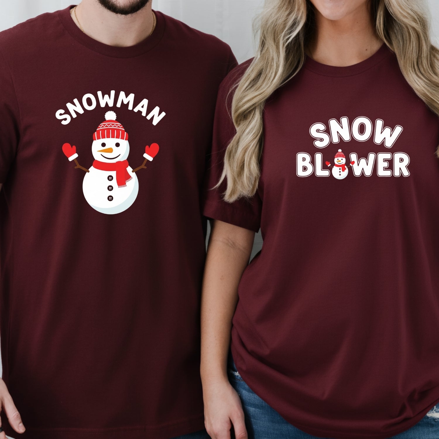 Snowman and Snow Blower Funny Matching T-Shirts For Couples