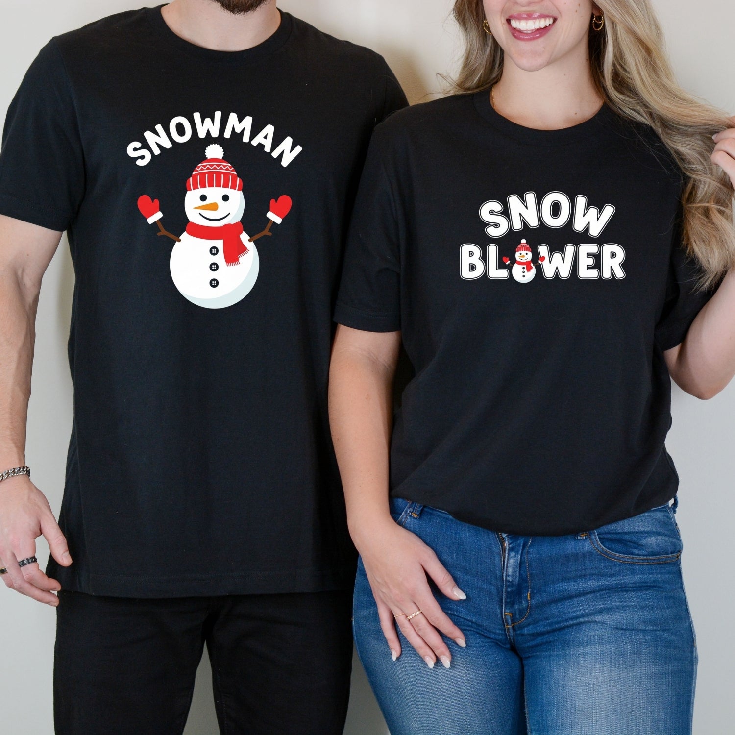 Snowman and Snow Blower Funny Matching T-Shirts For Couples