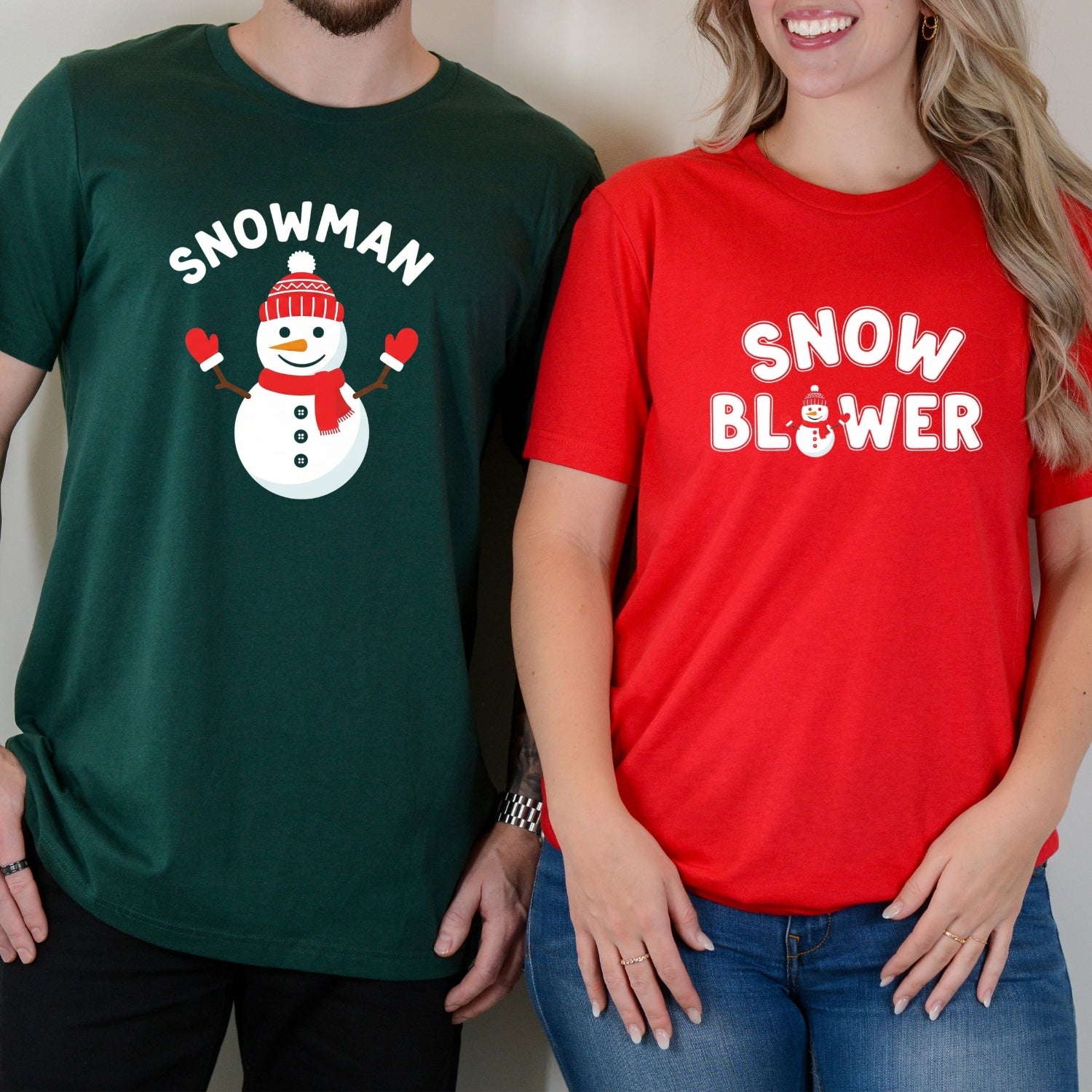 Snowman and Snow Blower Funny Matching T-Shirts For Couples