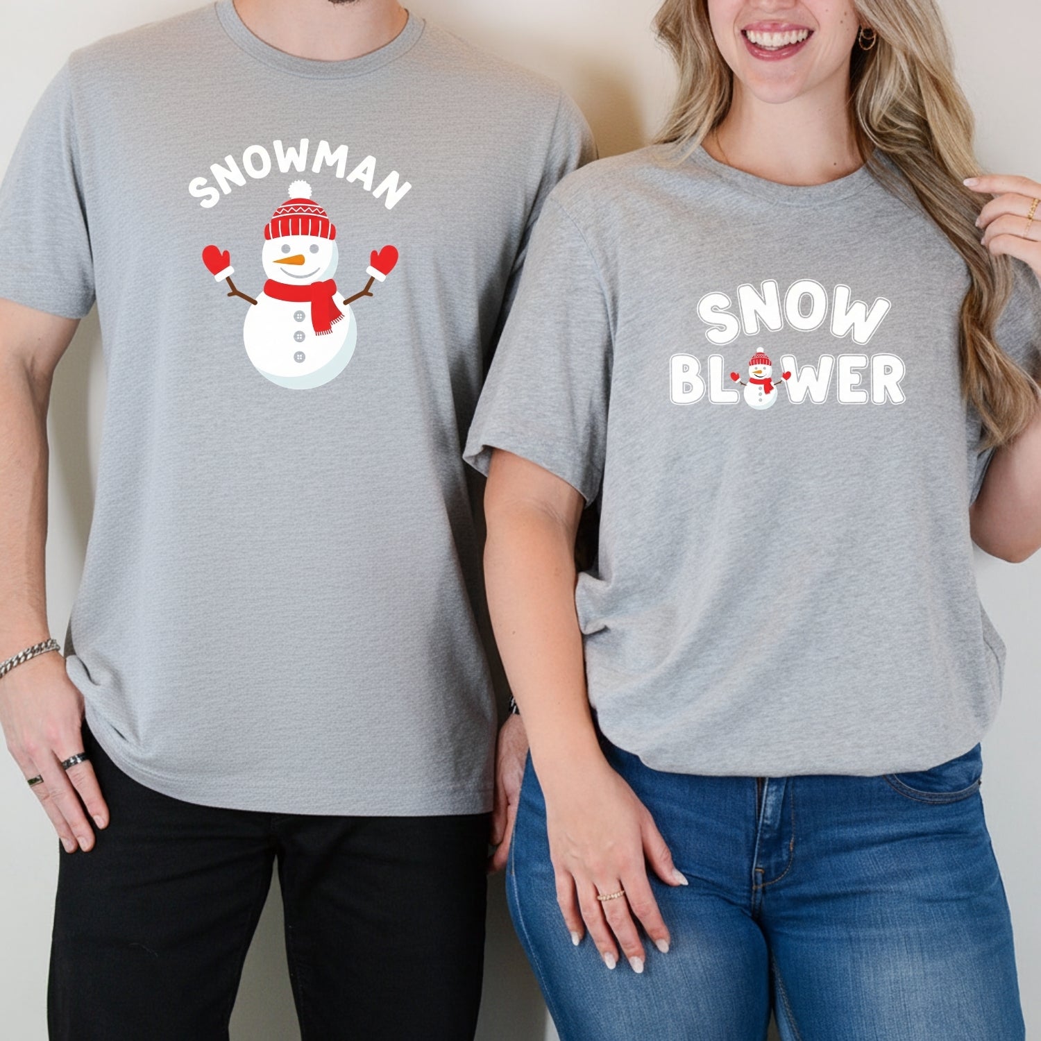 Snowman and Snow Blower Funny Matching T-Shirts For Couples