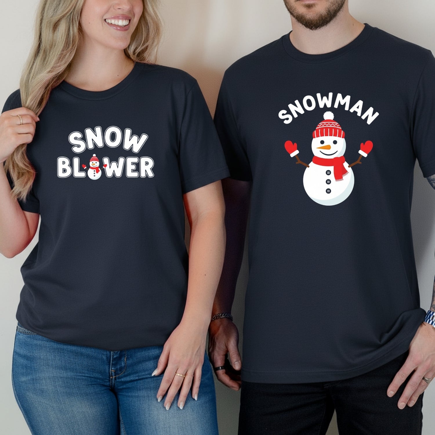 Snowman and Snow Blower Funny Matching T-Shirts For Couples