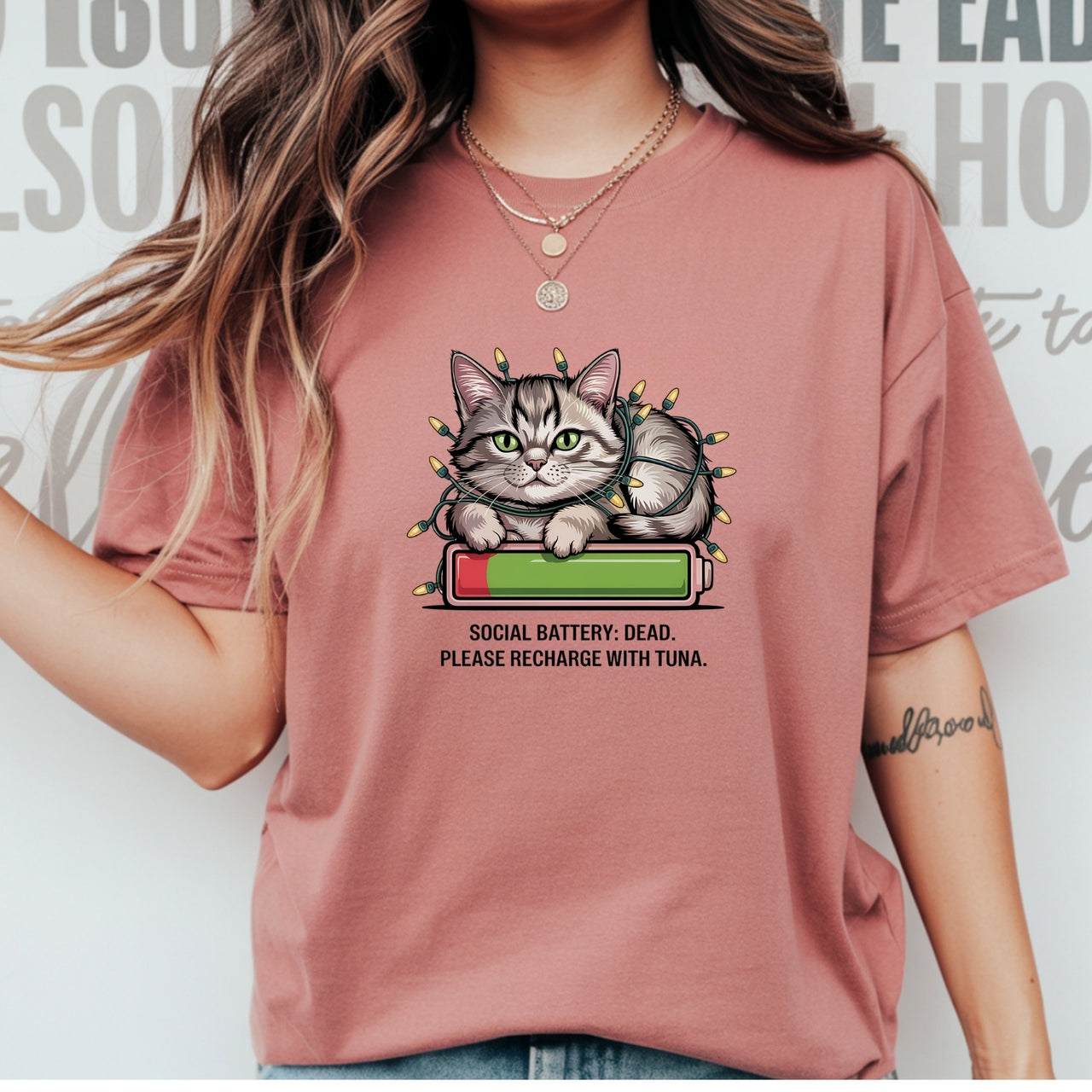 Social Battery Dead T-Shirt - Funny Cat Sarcastic Graphic Tee
