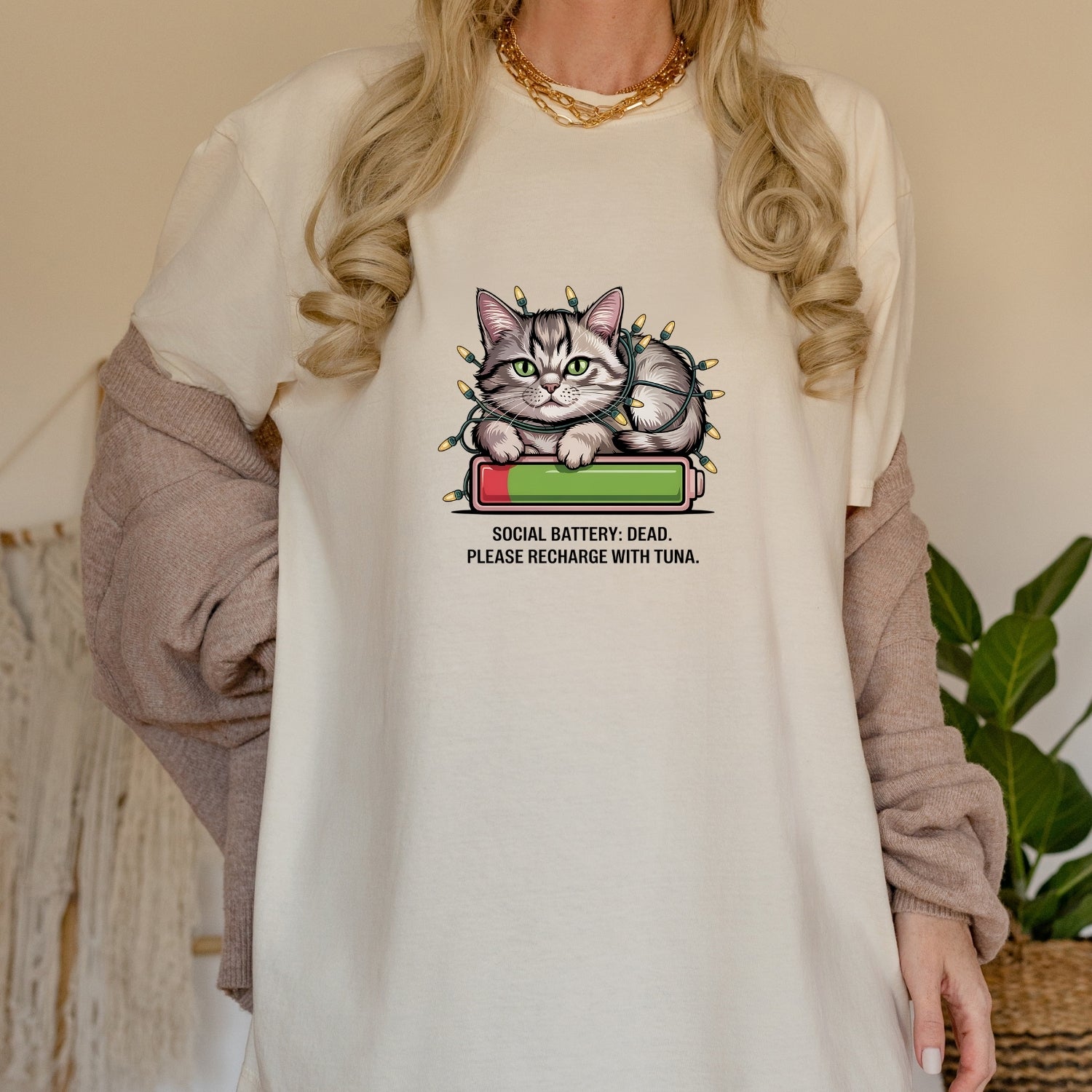 Social Battery Dead T-Shirt - Funny Cat Sarcastic Graphic Tee