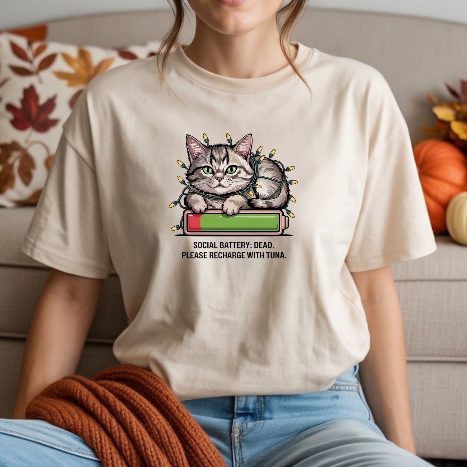 Social Battery Dead T-Shirt - Funny Cat Sarcastic Graphic Tee