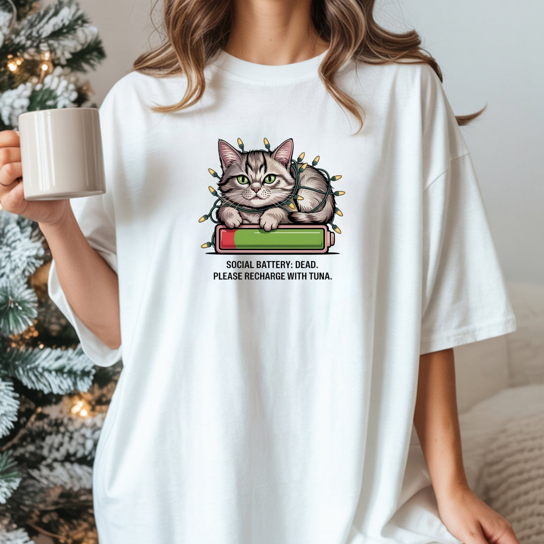 Social Battery Dead T-Shirt - Funny Cat Sarcastic Graphic Tee