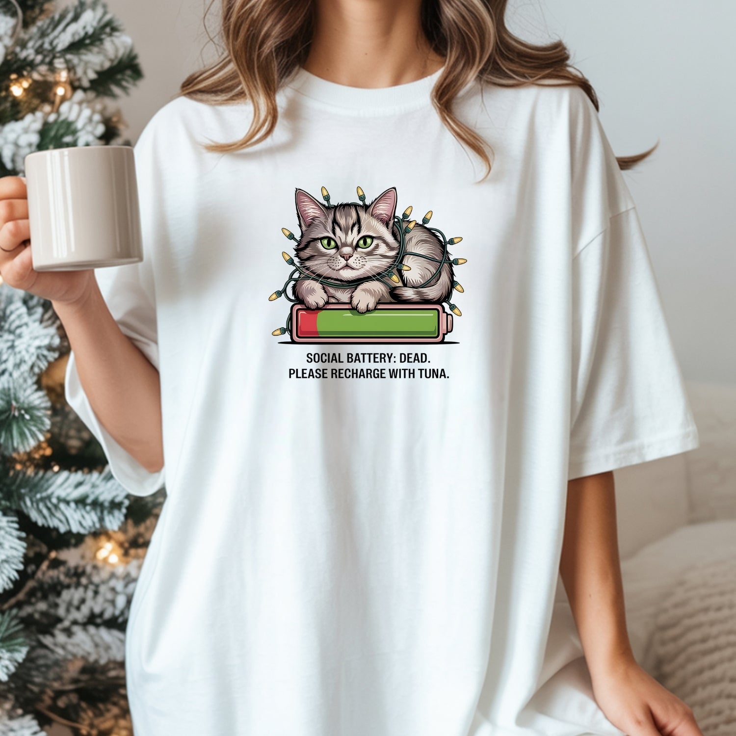 Social Battery Dead T-Shirt - Funny Cat Sarcastic Graphic Tee