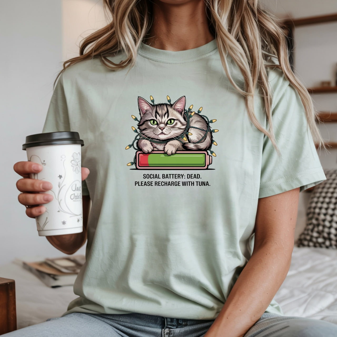 Social Battery Dead T-Shirt - Funny Cat Sarcastic Graphic Tee