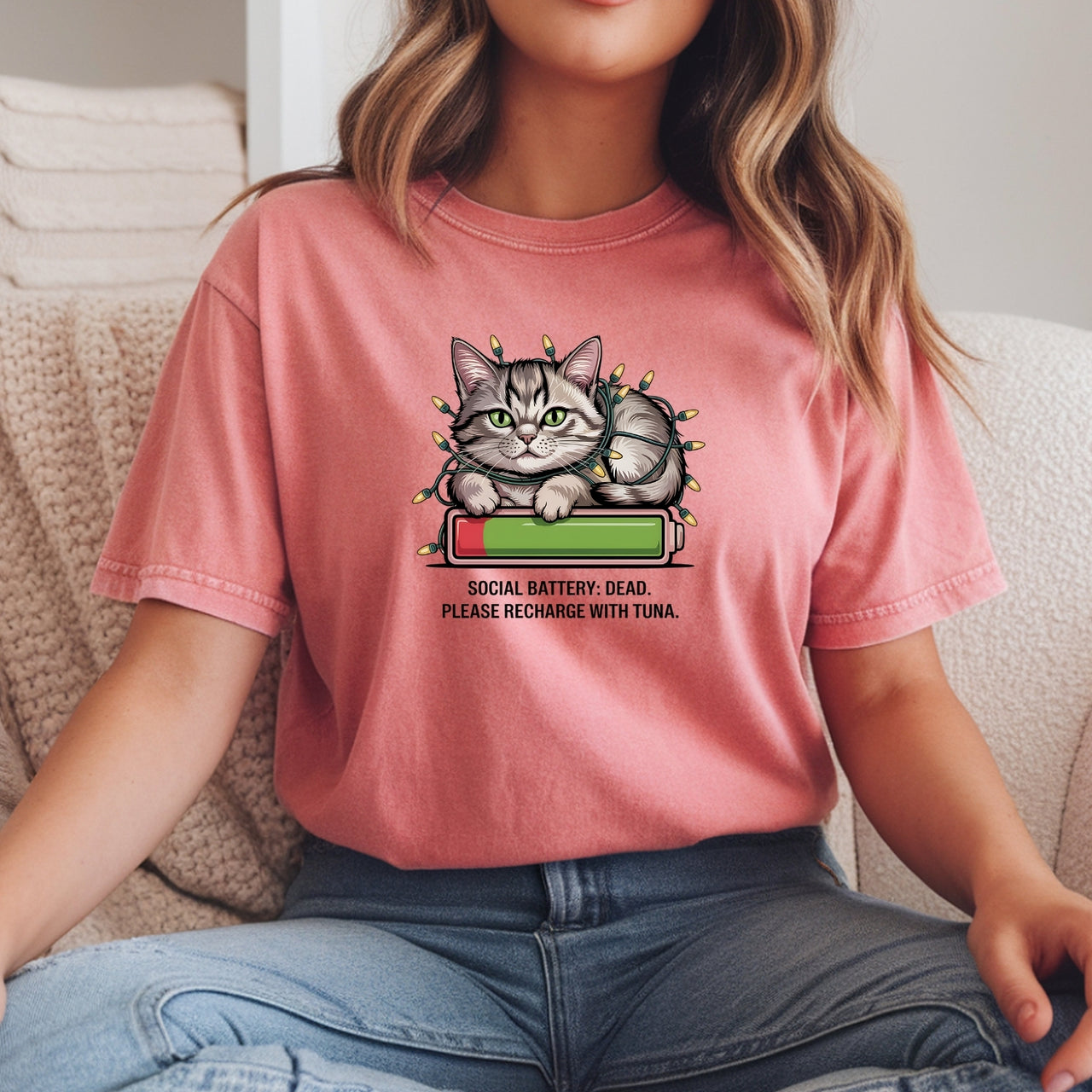 Social Battery Dead T-Shirt - Funny Cat Sarcastic Graphic Tee