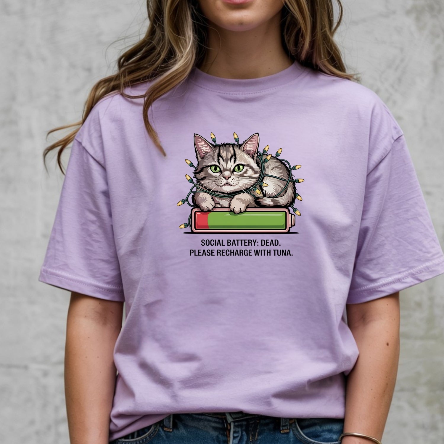 Social Battery Dead T-Shirt - Funny Cat Sarcastic Graphic Tee