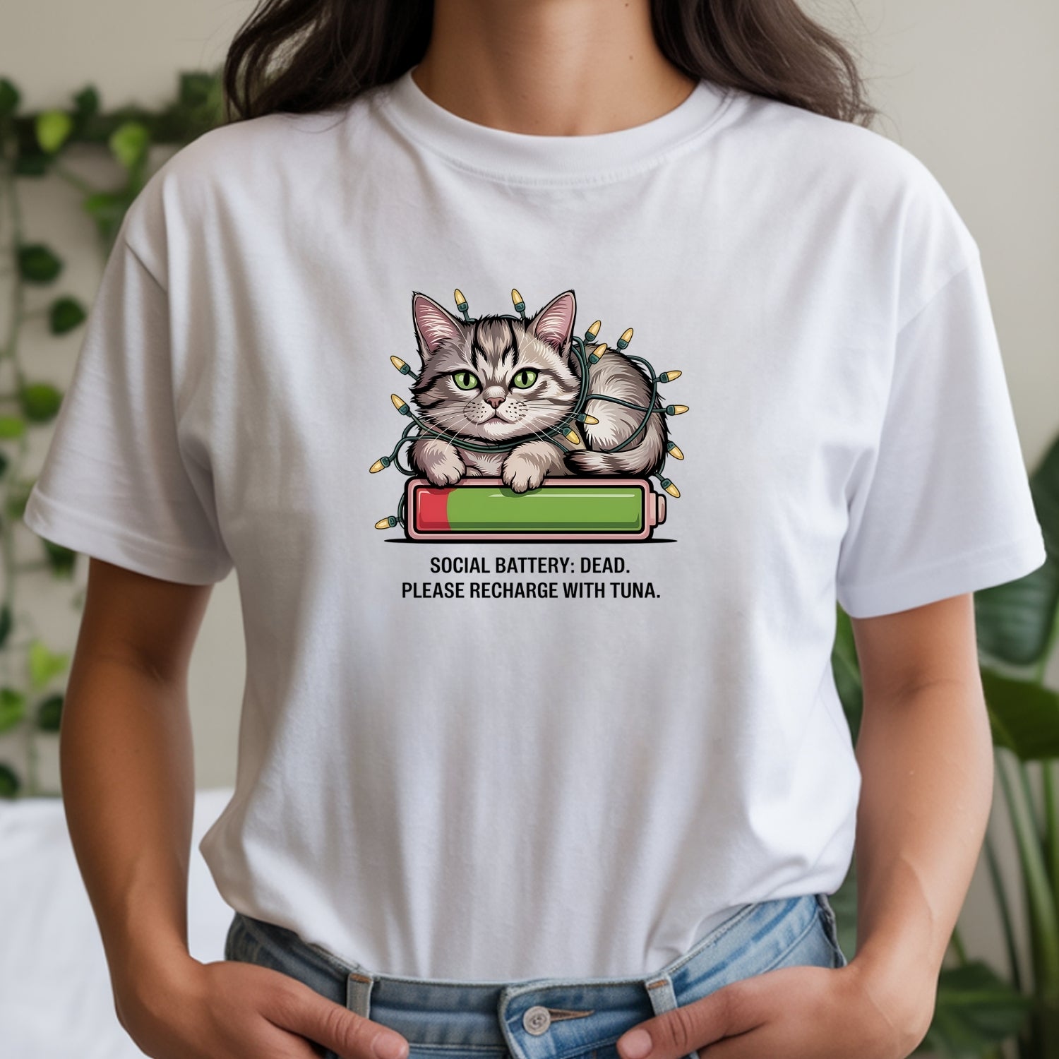 Social Battery Dead T-Shirt - Funny Cat Sarcastic Graphic Tee